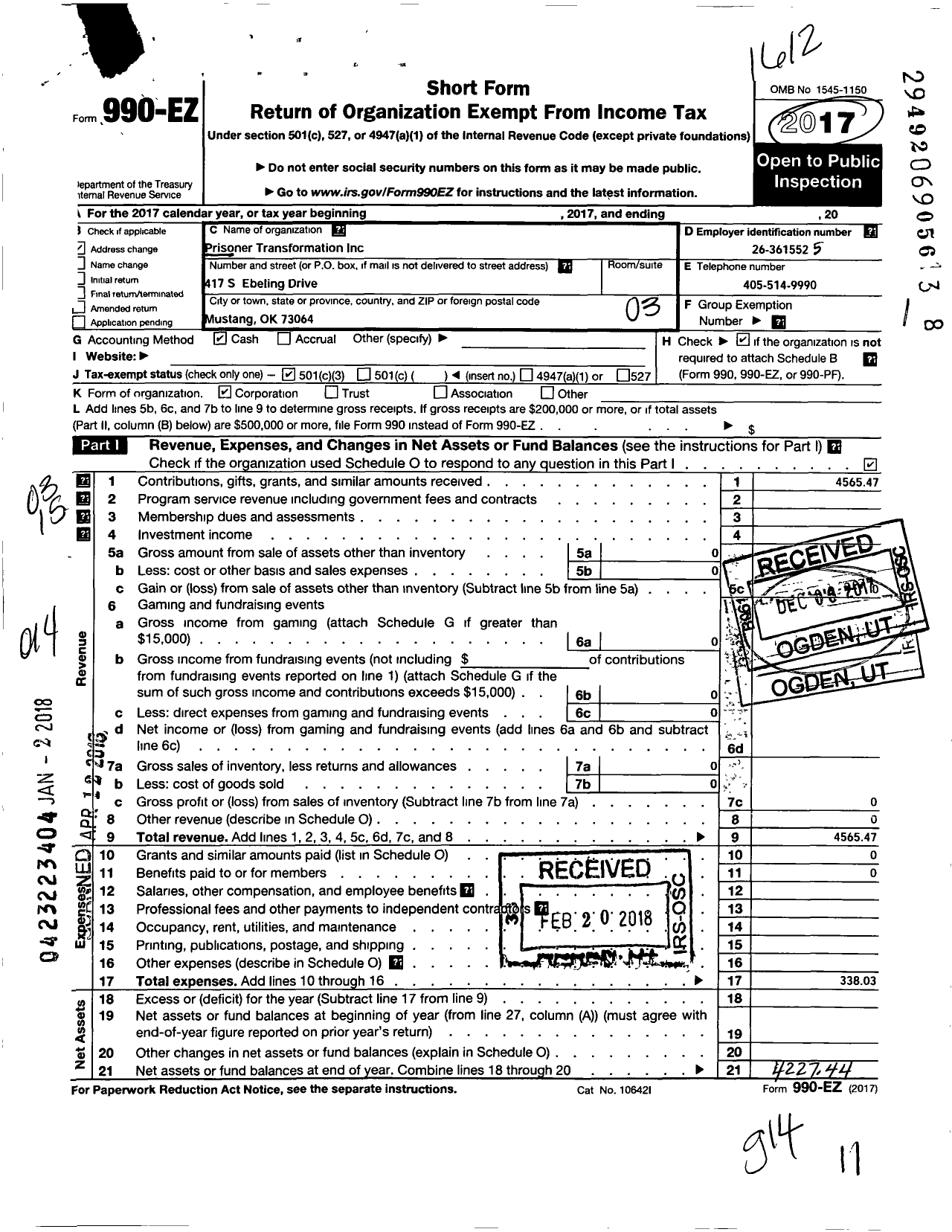 Image of first page of 2017 Form 990EZ for Prisoner Transformation