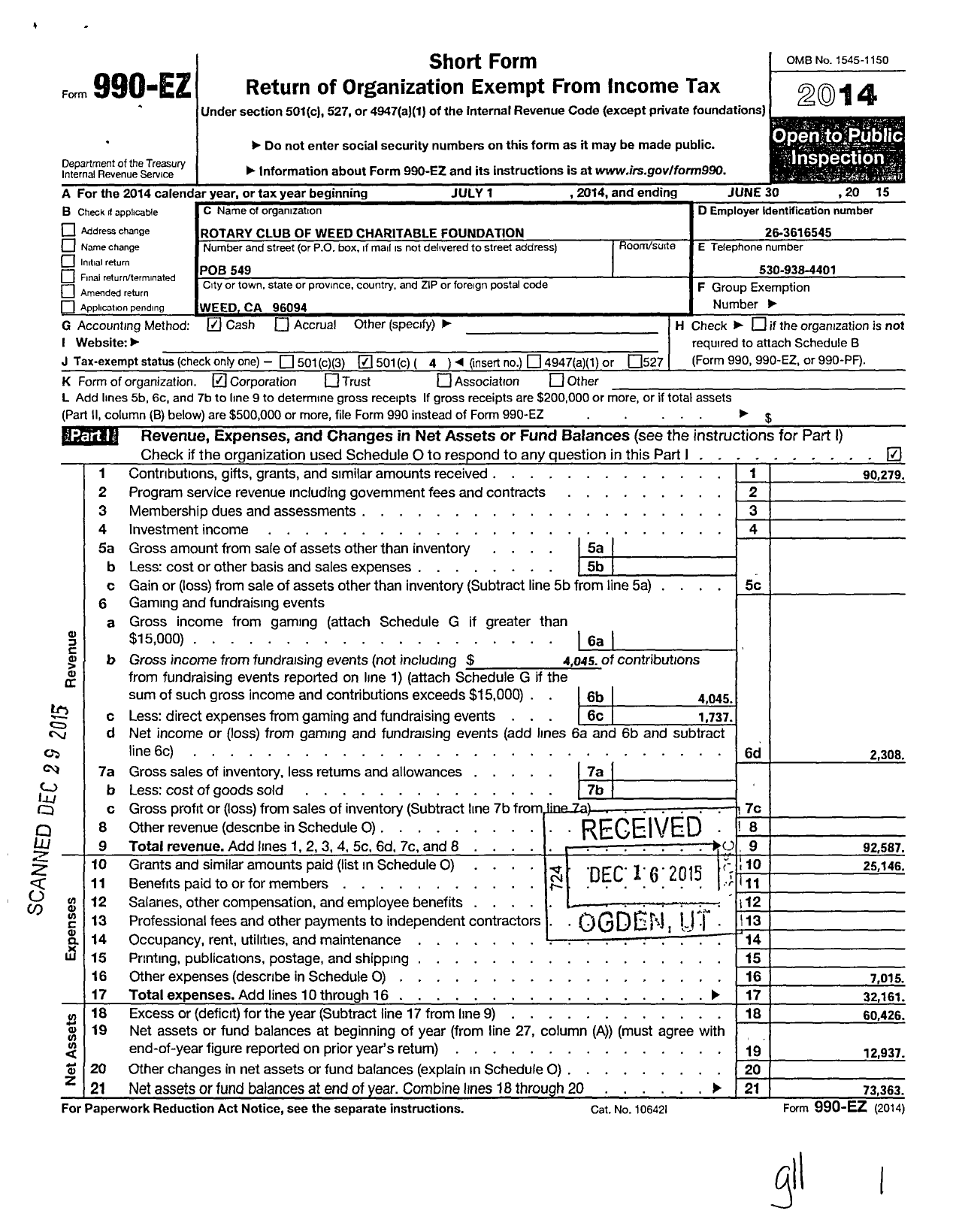 Image of first page of 2014 Form 990EO for Rotary Club of Weed Charitable Foundation