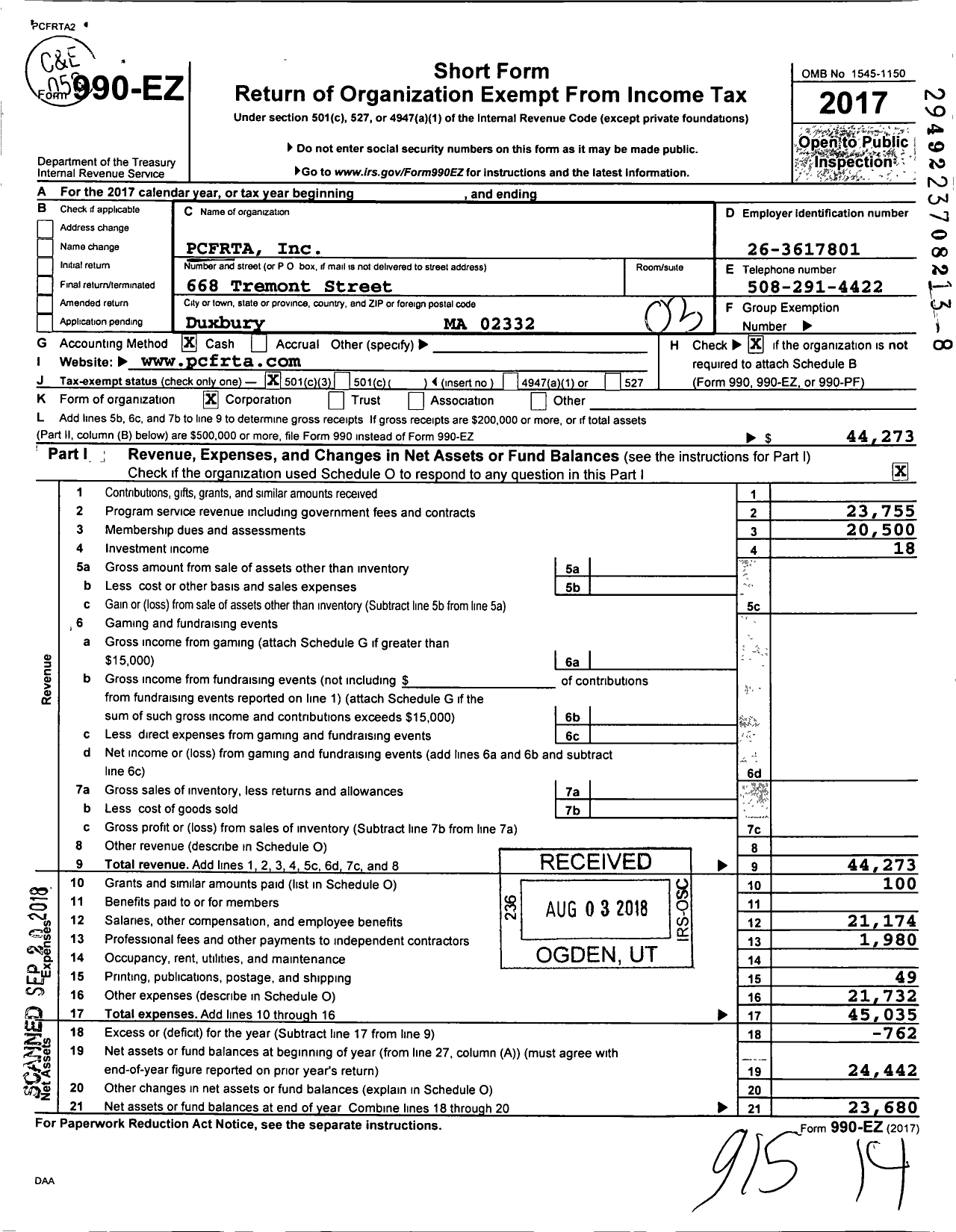 Image of first page of 2017 Form 990EZ for Pcfrta