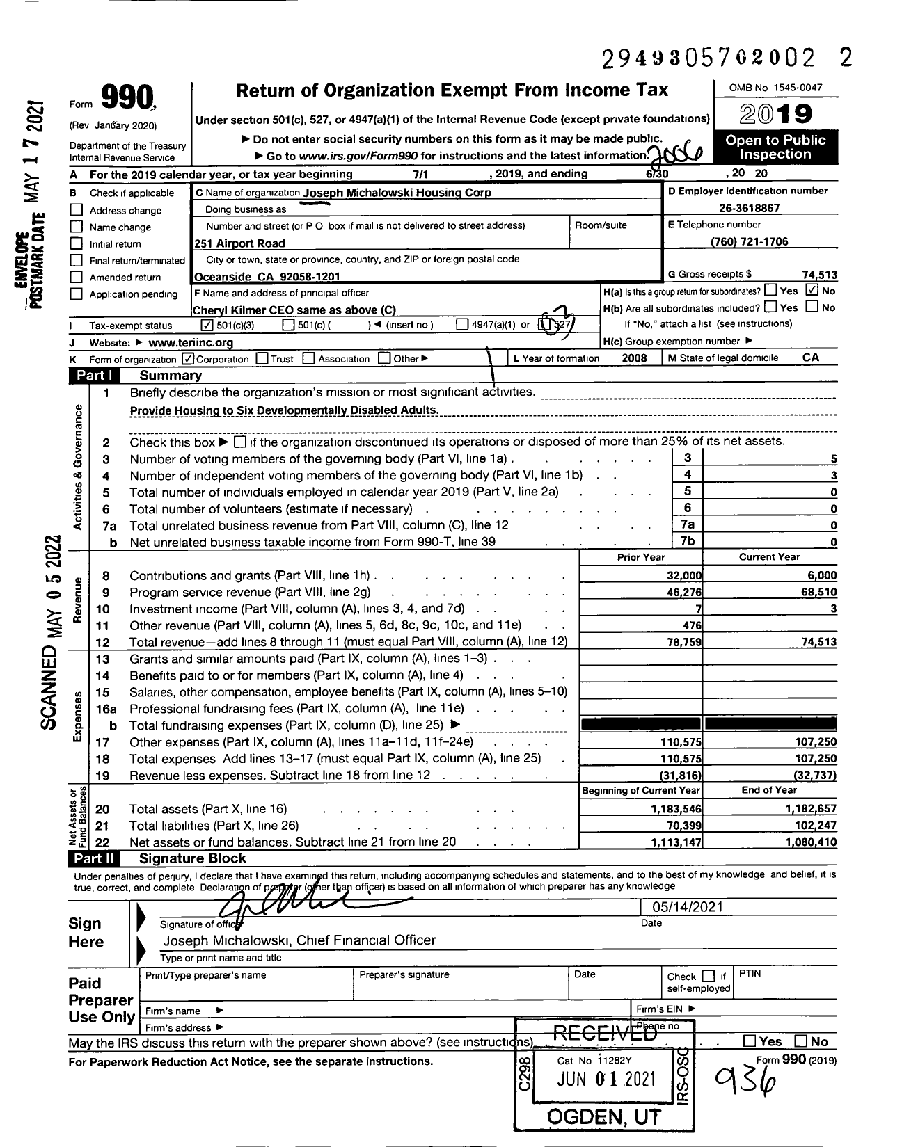 Image of first page of 2019 Form 990 for Joseph Michalowski Housing Corporation