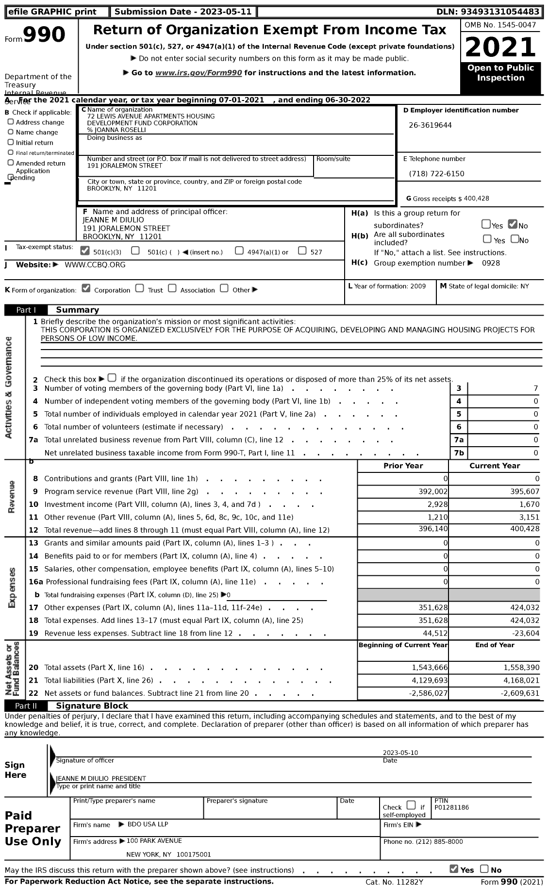 Image of first page of 2021 Form 990 for 72 Lewis Avenue Apartments Housing Development Fund Corporation
