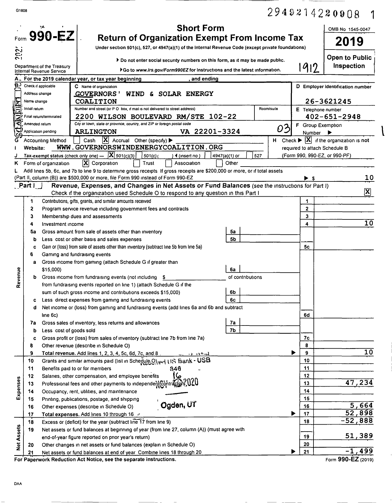 Image of first page of 2019 Form 990EZ for Governors' Wind and Solar Energy Coalition