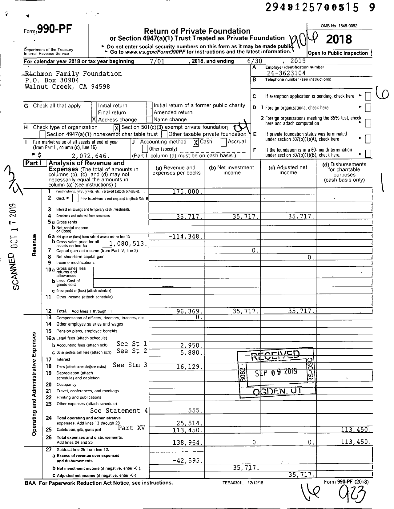 Image of first page of 2018 Form 990PF for Richmon Family Foundation