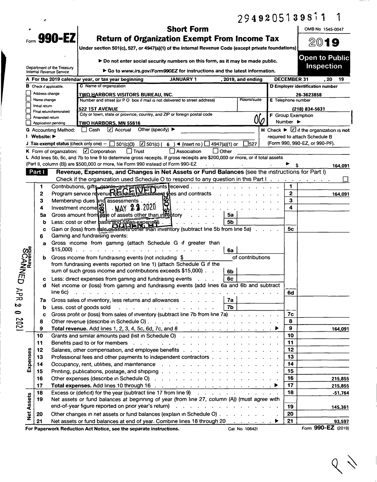 Image of first page of 2019 Form 990EO for Two Harbors Area Visitors Bureau