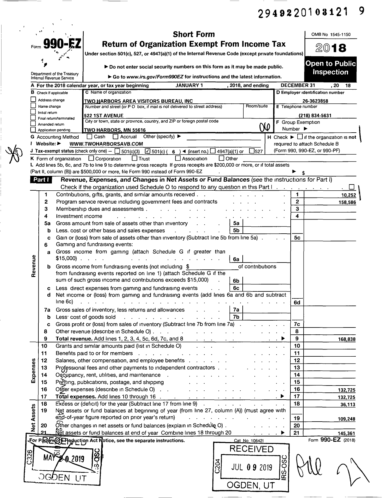 Image of first page of 2018 Form 990EO for Two Harbors Area Visitors Bureau