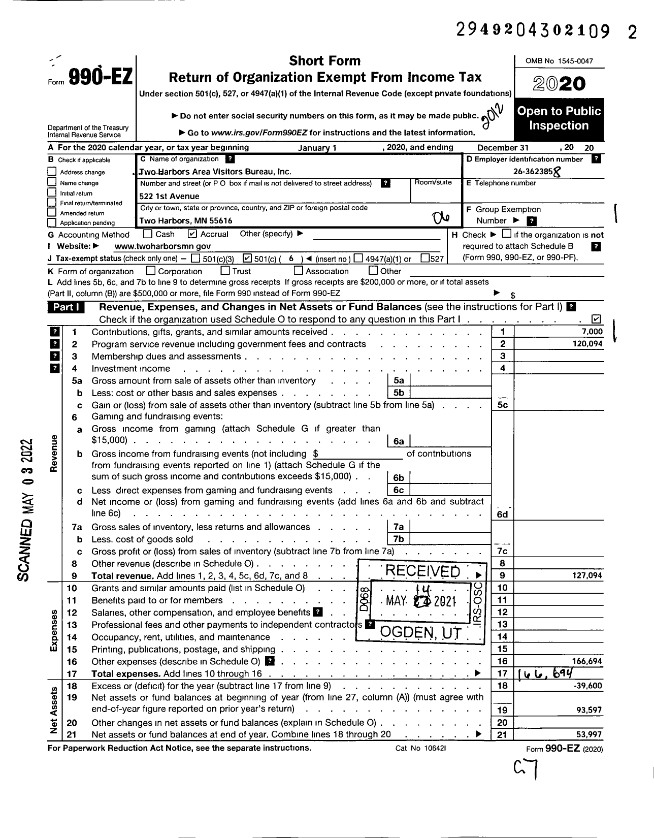 Image of first page of 2020 Form 990EO for Two Harbors Area Visitors Bureau