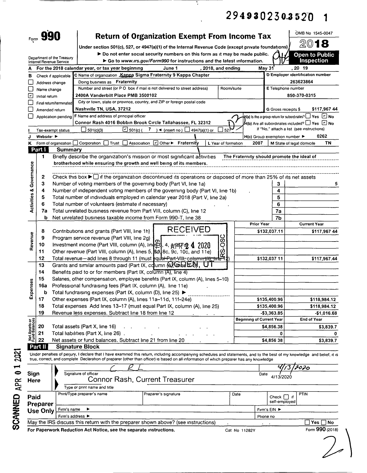 Image of first page of 2018 Form 990 for KAPPA SIGMA FRATERNITY - KAPPA Chapter 09