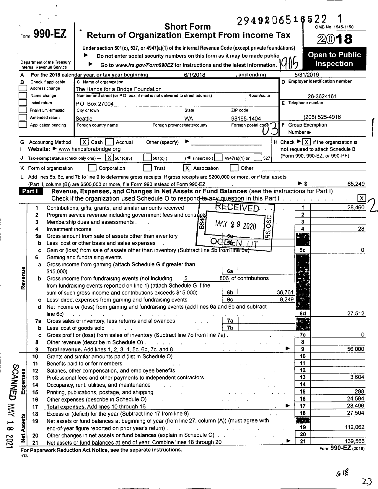 Image of first page of 2018 Form 990EZ for The Hands for a Bridge Foundation