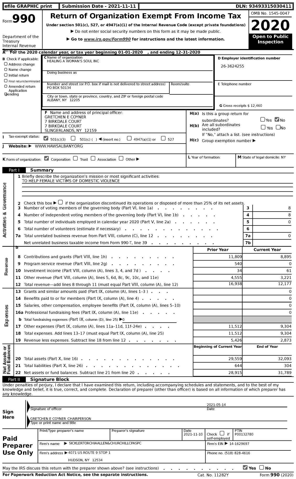 Image of first page of 2020 Form 990 for Healing A Woman's Soul