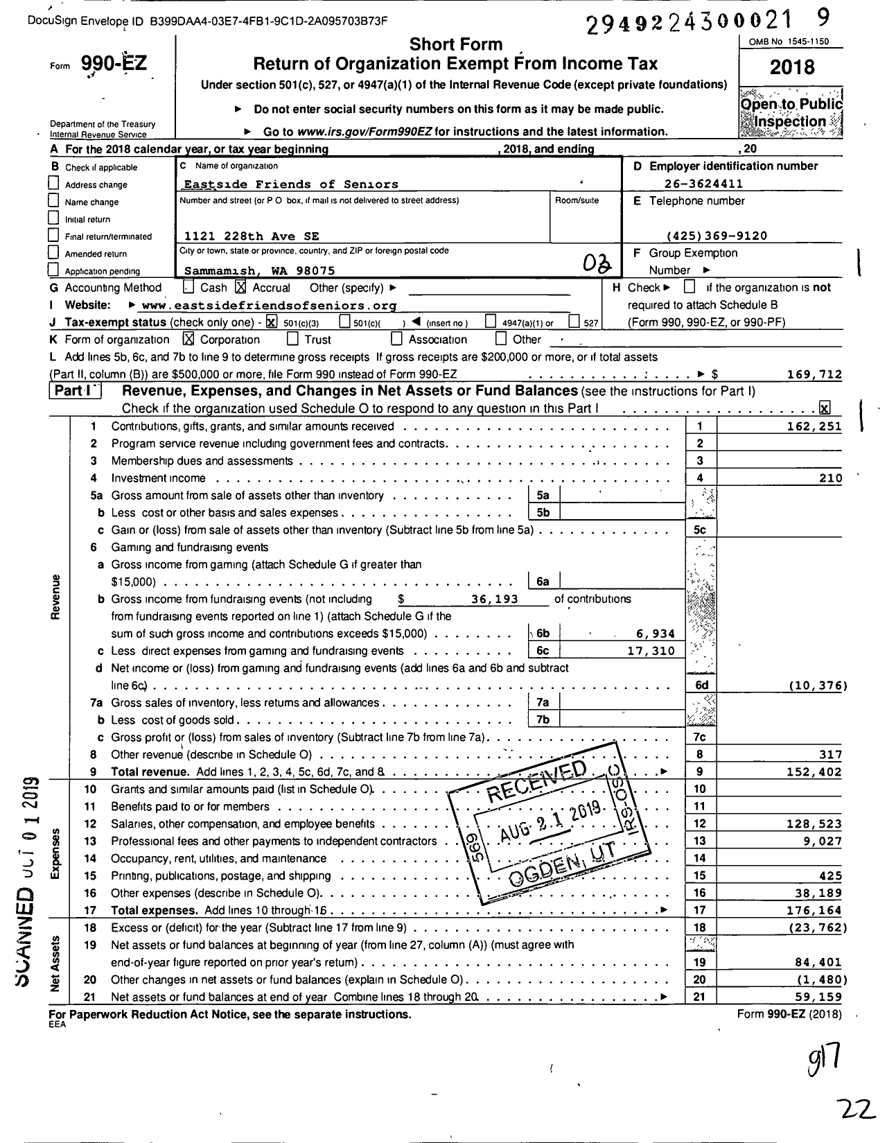 Image of first page of 2018 Form 990EZ for Eastside Friends of Seniors