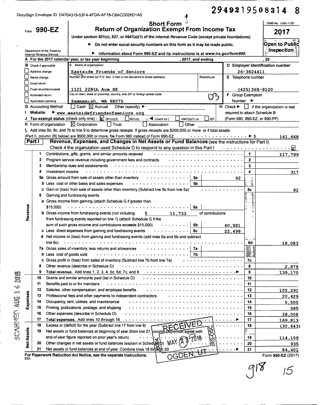 Image of first page of 2017 Form 990EZ for Eastside Friends of Seniors