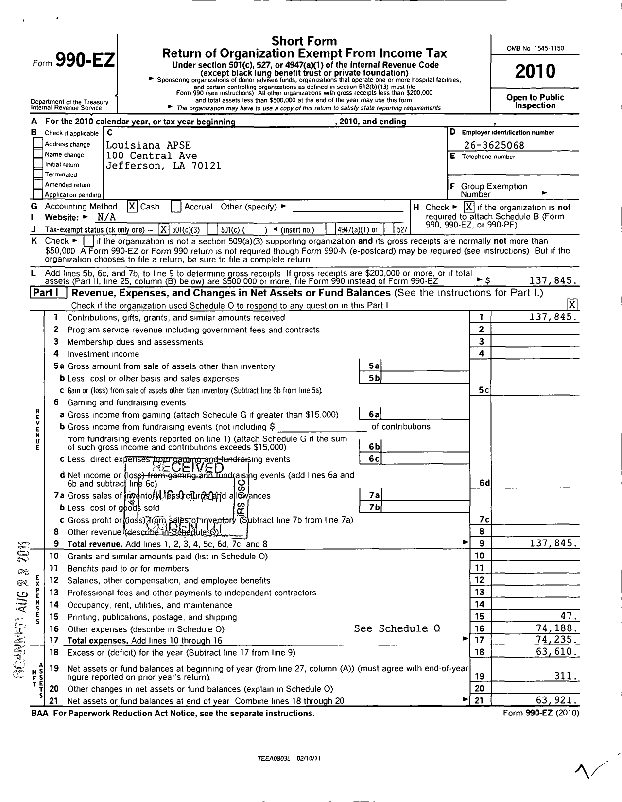 Image of first page of 2010 Form 990EZ for Association for Persons in Supported Employment / Louisiana Chapter