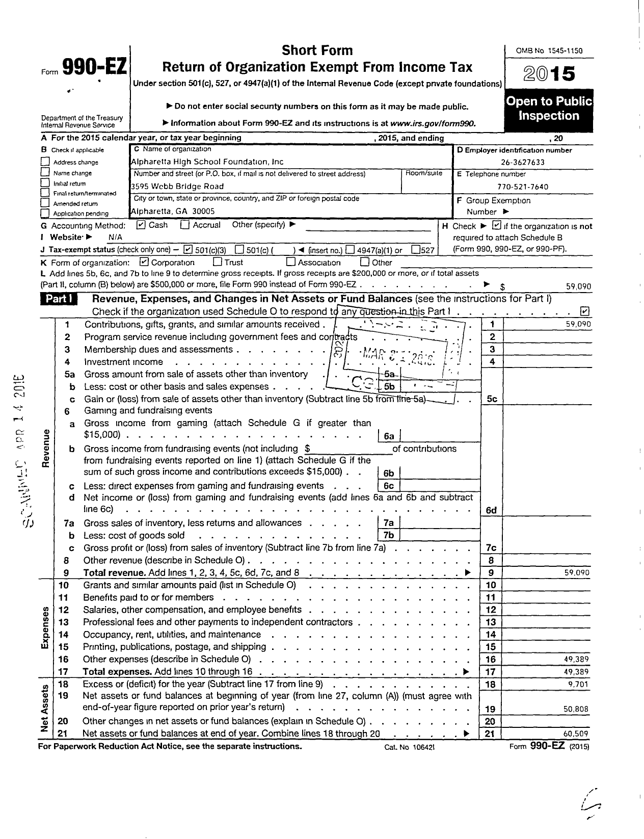 Image of first page of 2015 Form 990EZ for Alpharetta High School Foundation