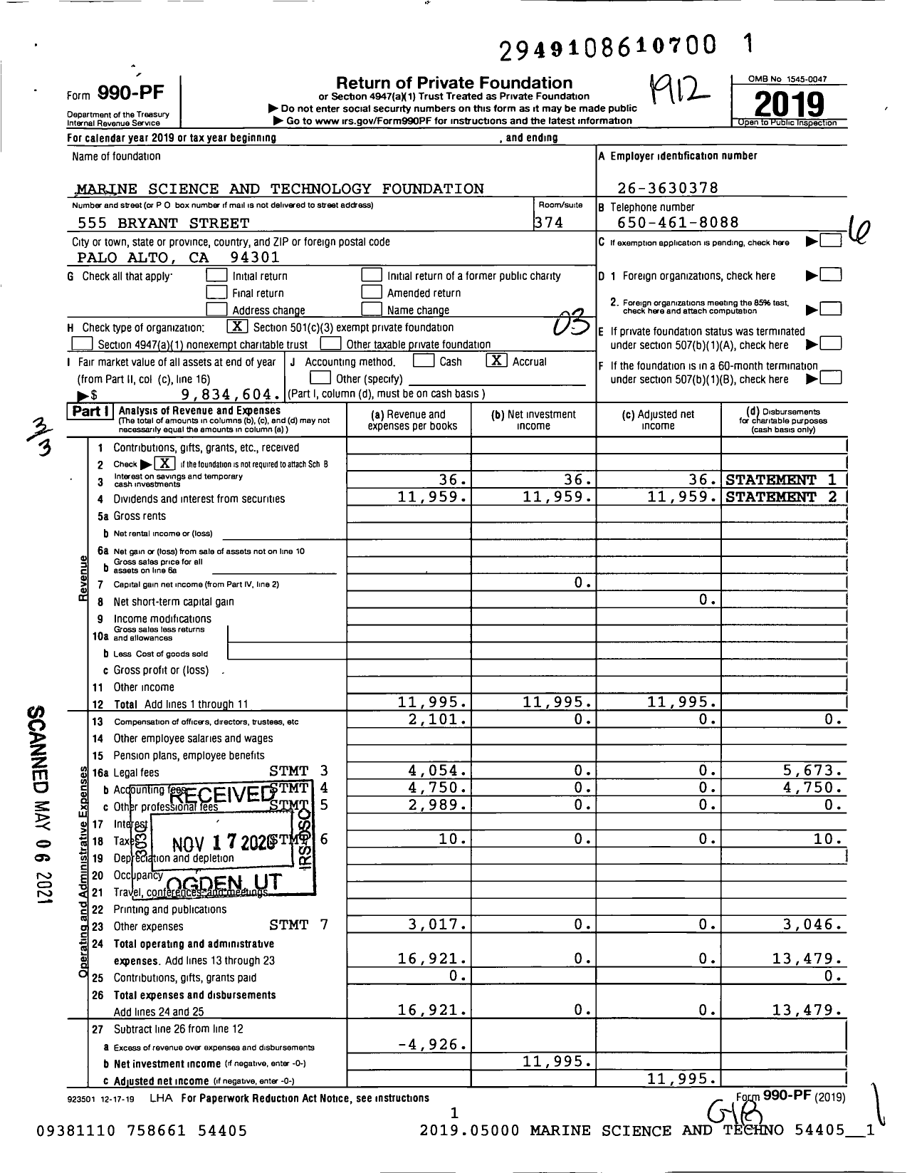 Image of first page of 2019 Form 990PF for Marine Science and Technology Foundation (MSTF)