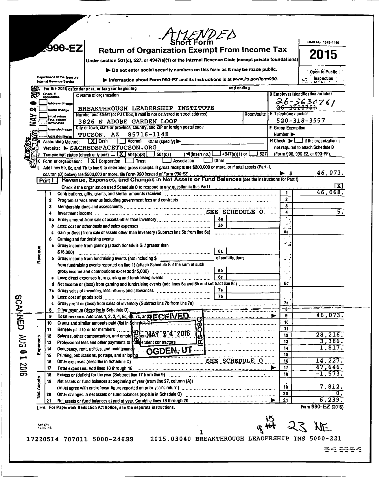 Image of first page of 2015 Form 990EZ for Breakthrough Leadership Institute