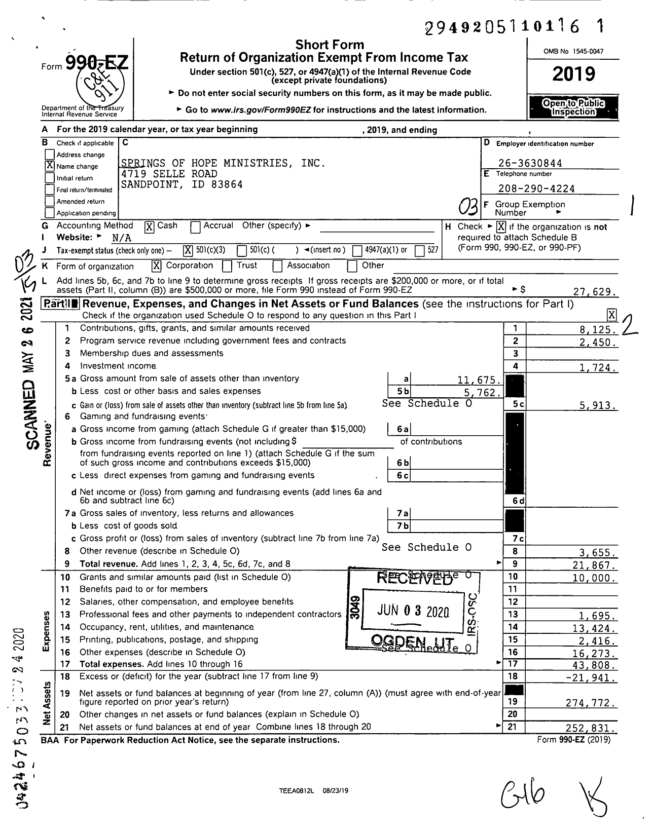 Image of first page of 2019 Form 990EZ for Springs of Hope Ministries