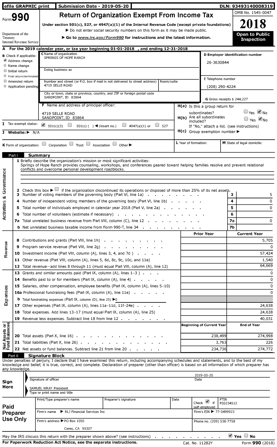 Image of first page of 2018 Form 990 for Springs of Hope Ministries