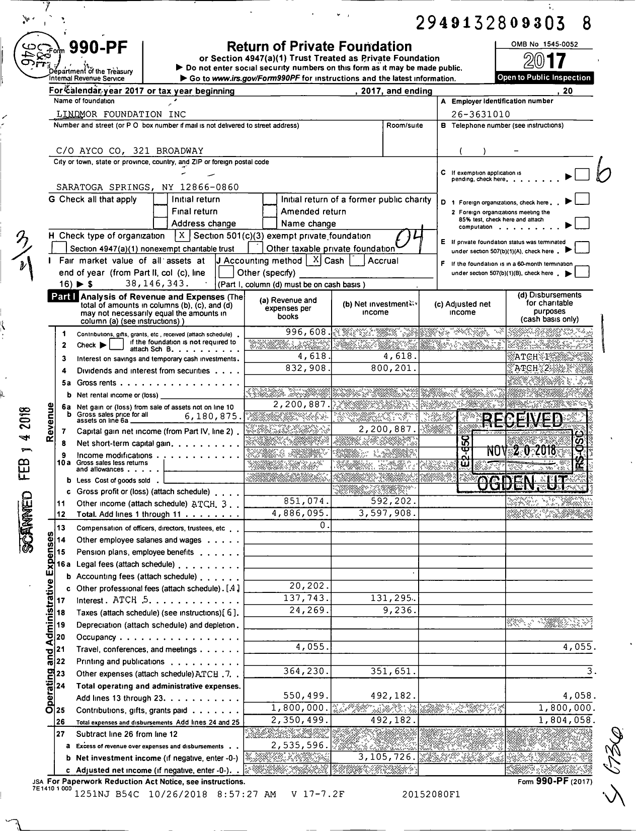 Image of first page of 2017 Form 990PF for Lindmor Foundation