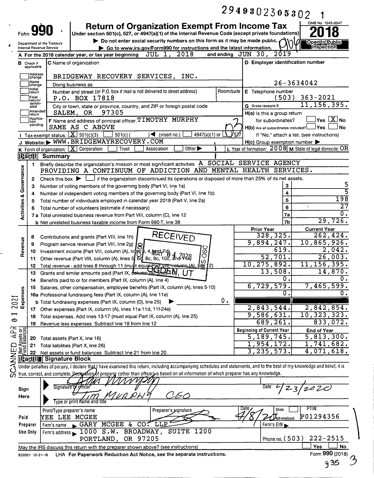 Image of first page of 2018 Form 990 for Bridgeway Recovery Services