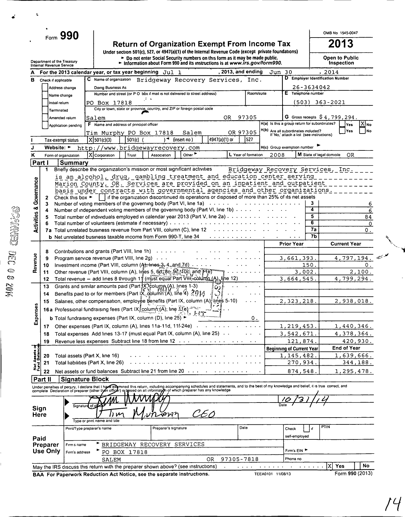 Image of first page of 2013 Form 990 for Bridgeway Recovery Services