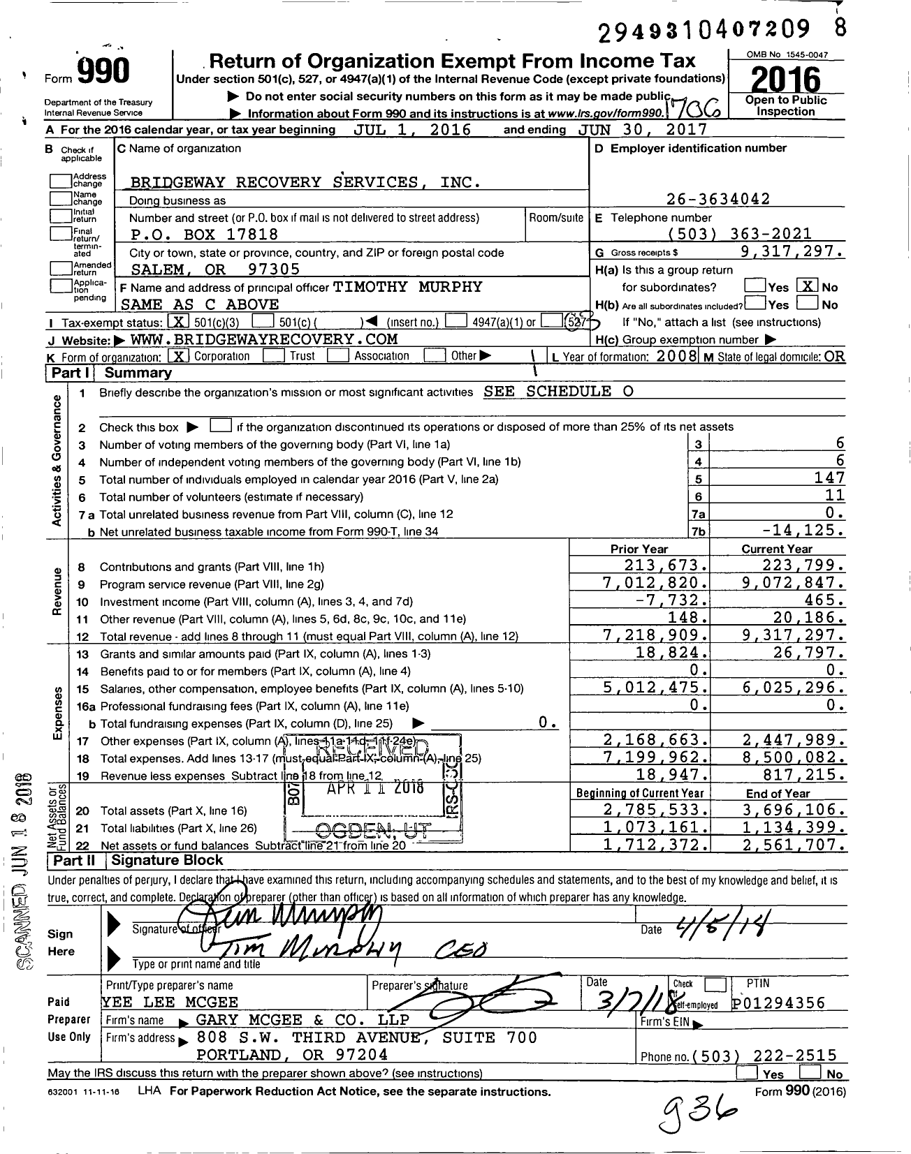 Image of first page of 2016 Form 990 for Bridgeway Recovery Services