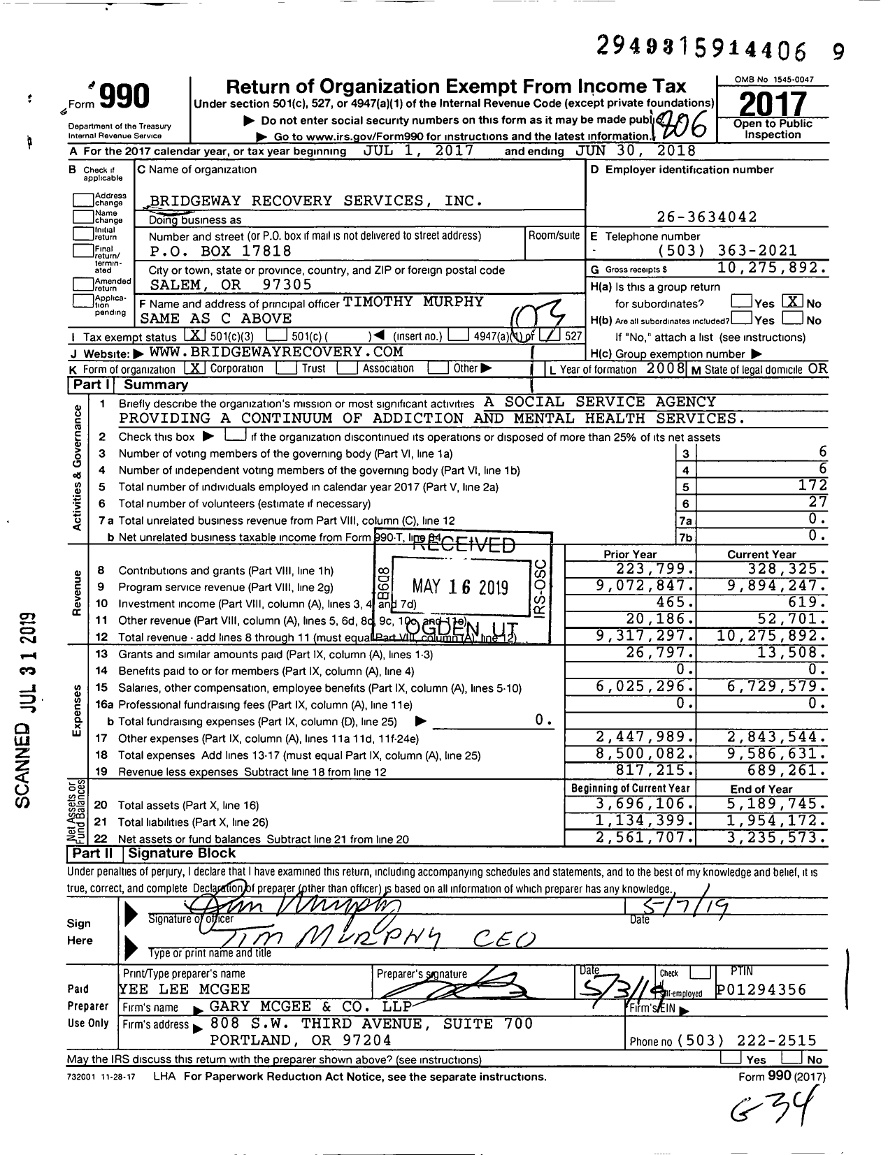 Image of first page of 2017 Form 990 for Bridgeway Recovery Services