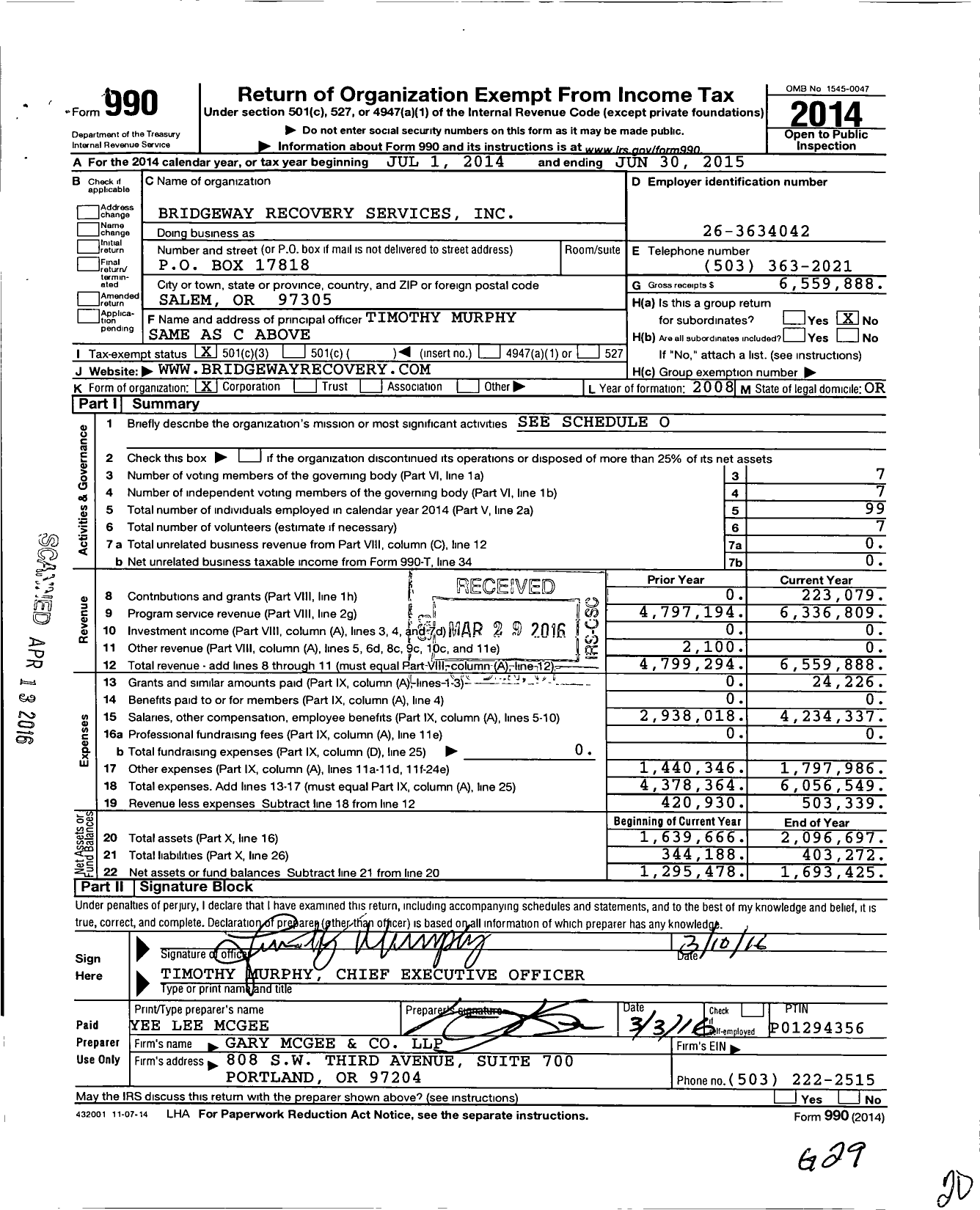 Image of first page of 2014 Form 990 for Bridgeway Recovery Services