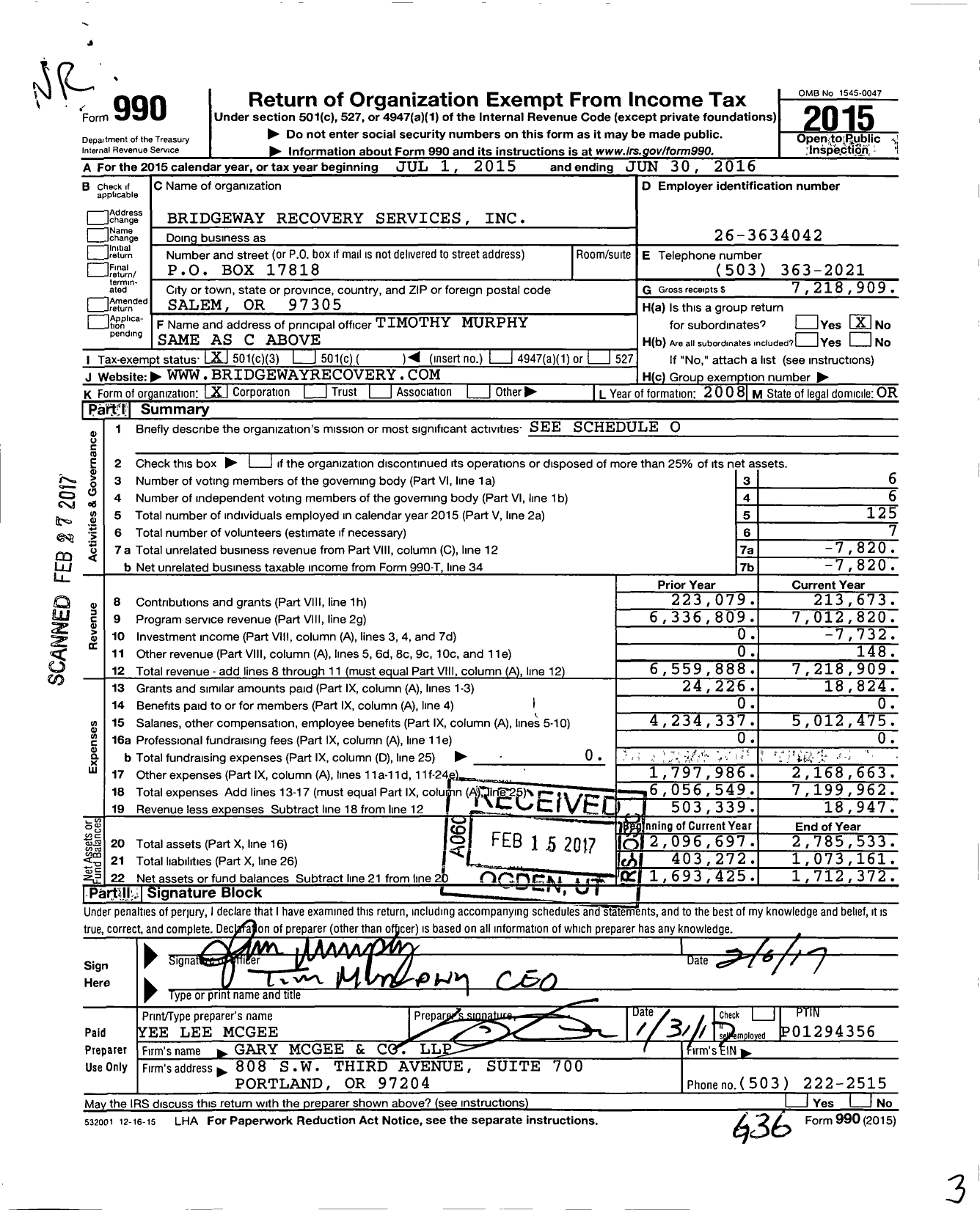 Image of first page of 2015 Form 990 for Bridgeway Recovery Services