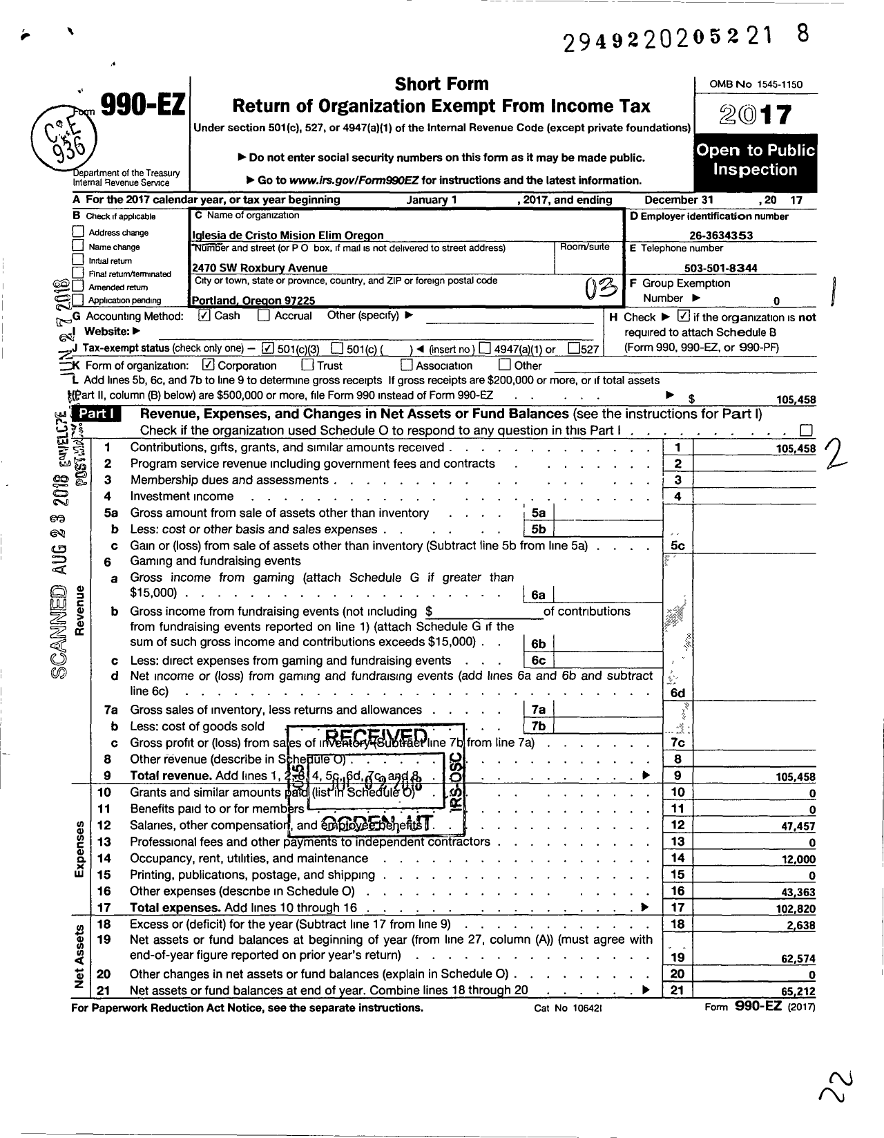 Image of first page of 2017 Form 990EZ for Iglesia de Cristo Mision Elim Oregon