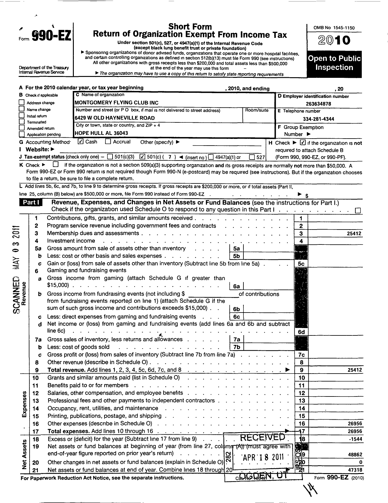 Image of first page of 2010 Form 990EO for Montgomery Flying Club