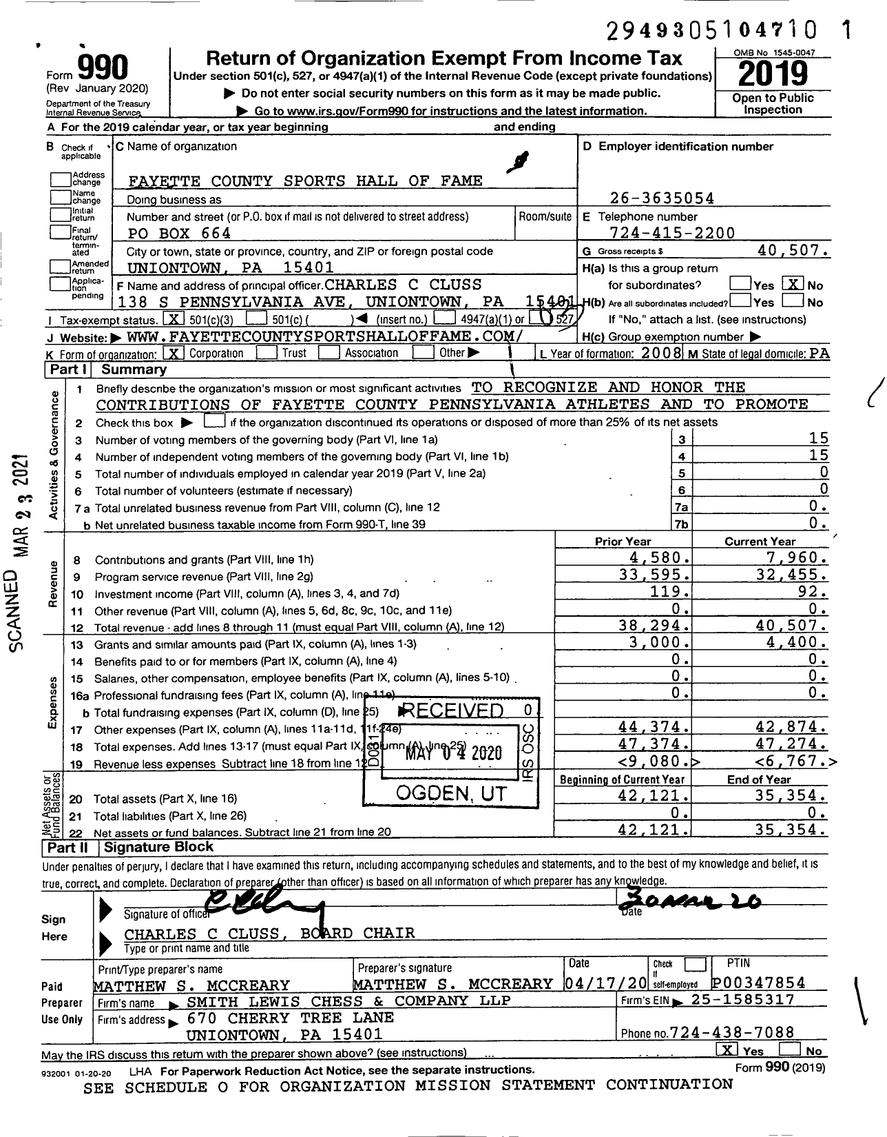 Image of first page of 2019 Form 990 for Fayette County Sports Hall of Fame