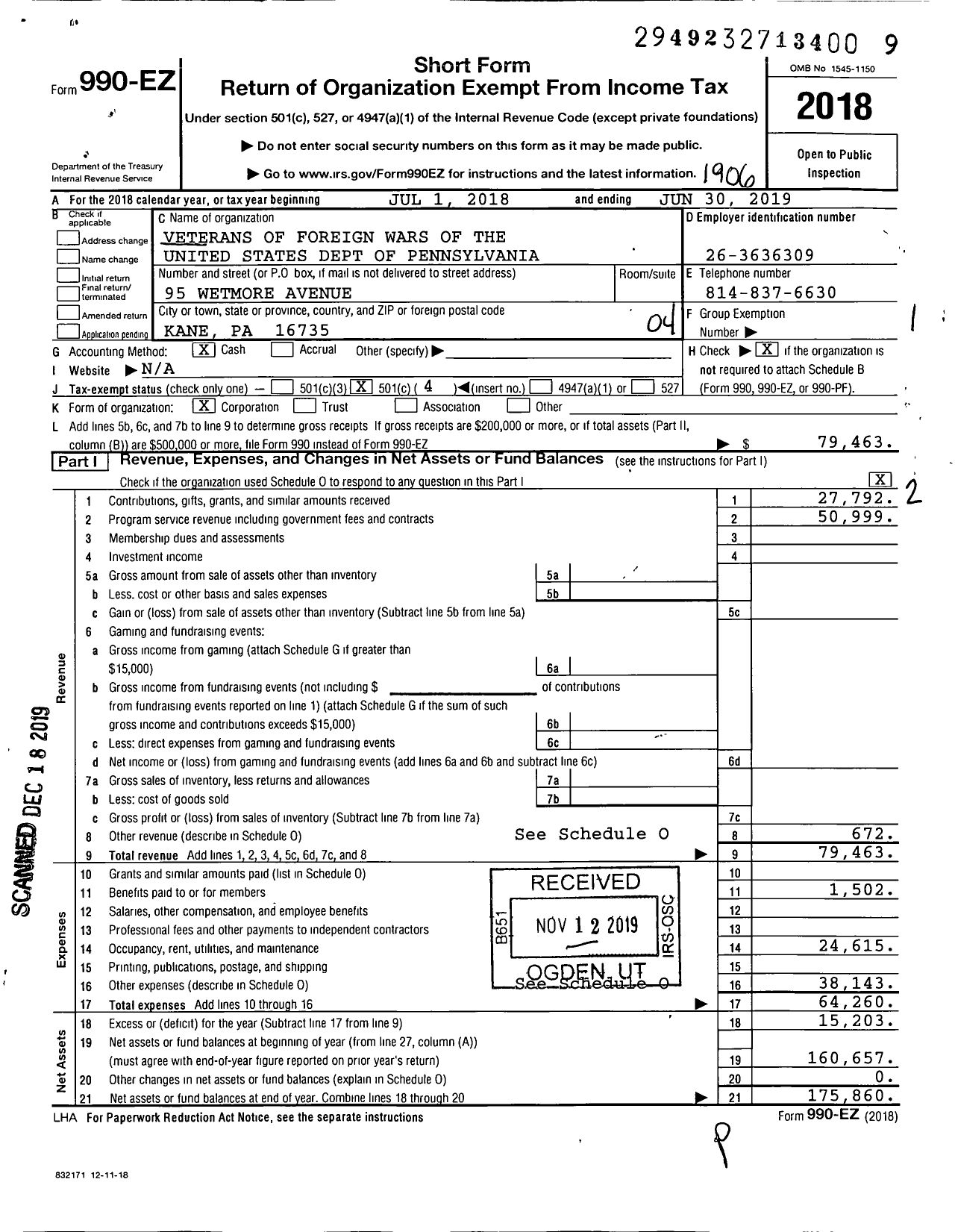 Image of first page of 2018 Form 990EO for VFW Department of Pennsylvania - 1132 King David Post