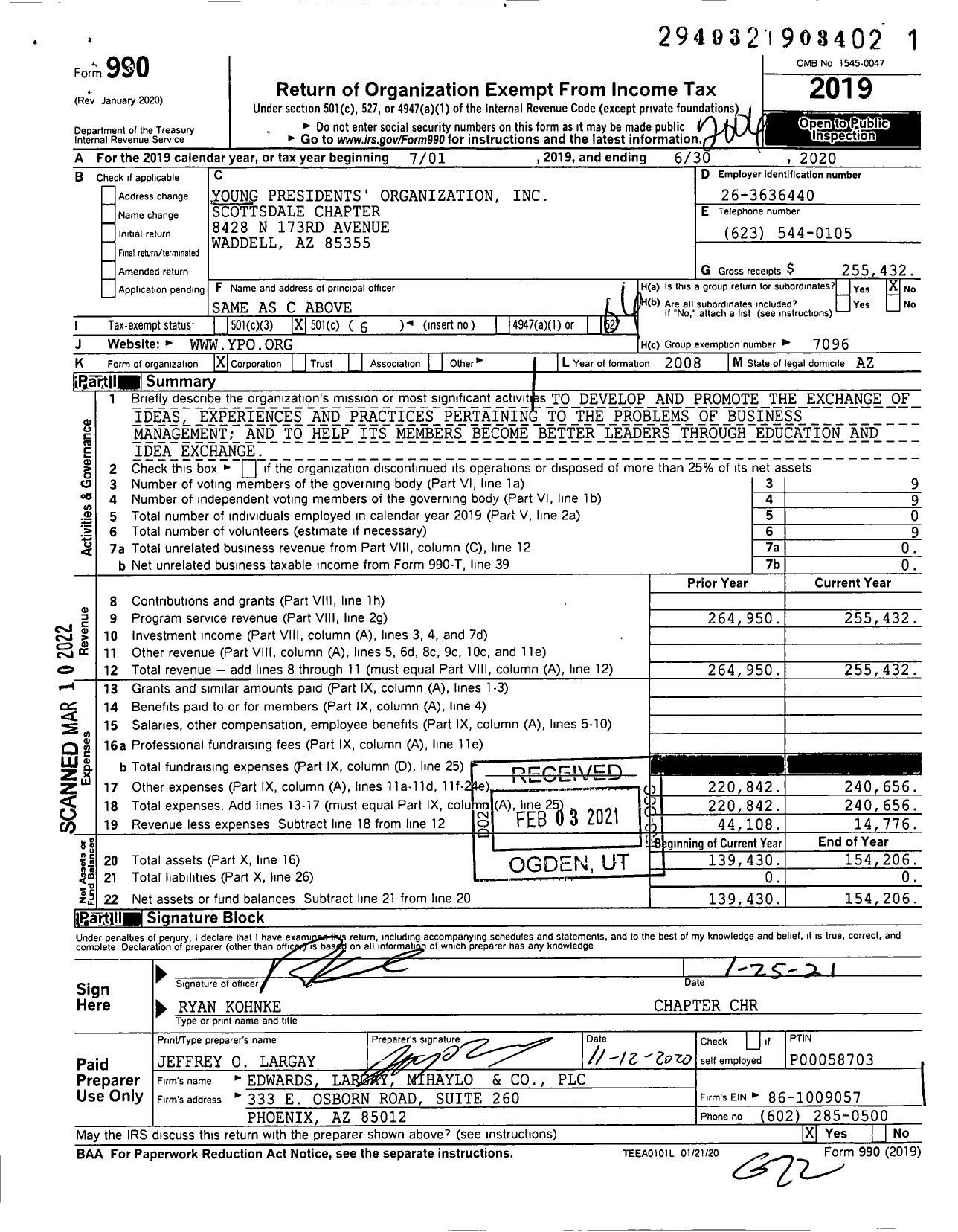 Image of first page of 2019 Form 990O for Young Presidents' Organization - Scottsdale Chapter