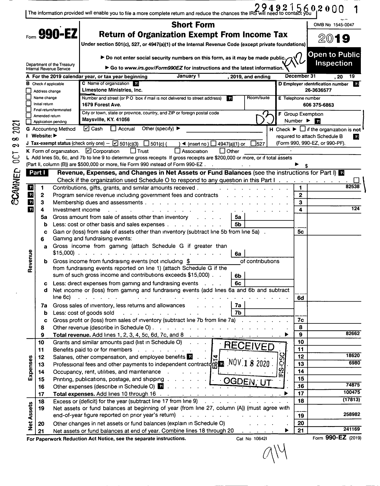 Image of first page of 2019 Form 990EZ for Limestone Ministries