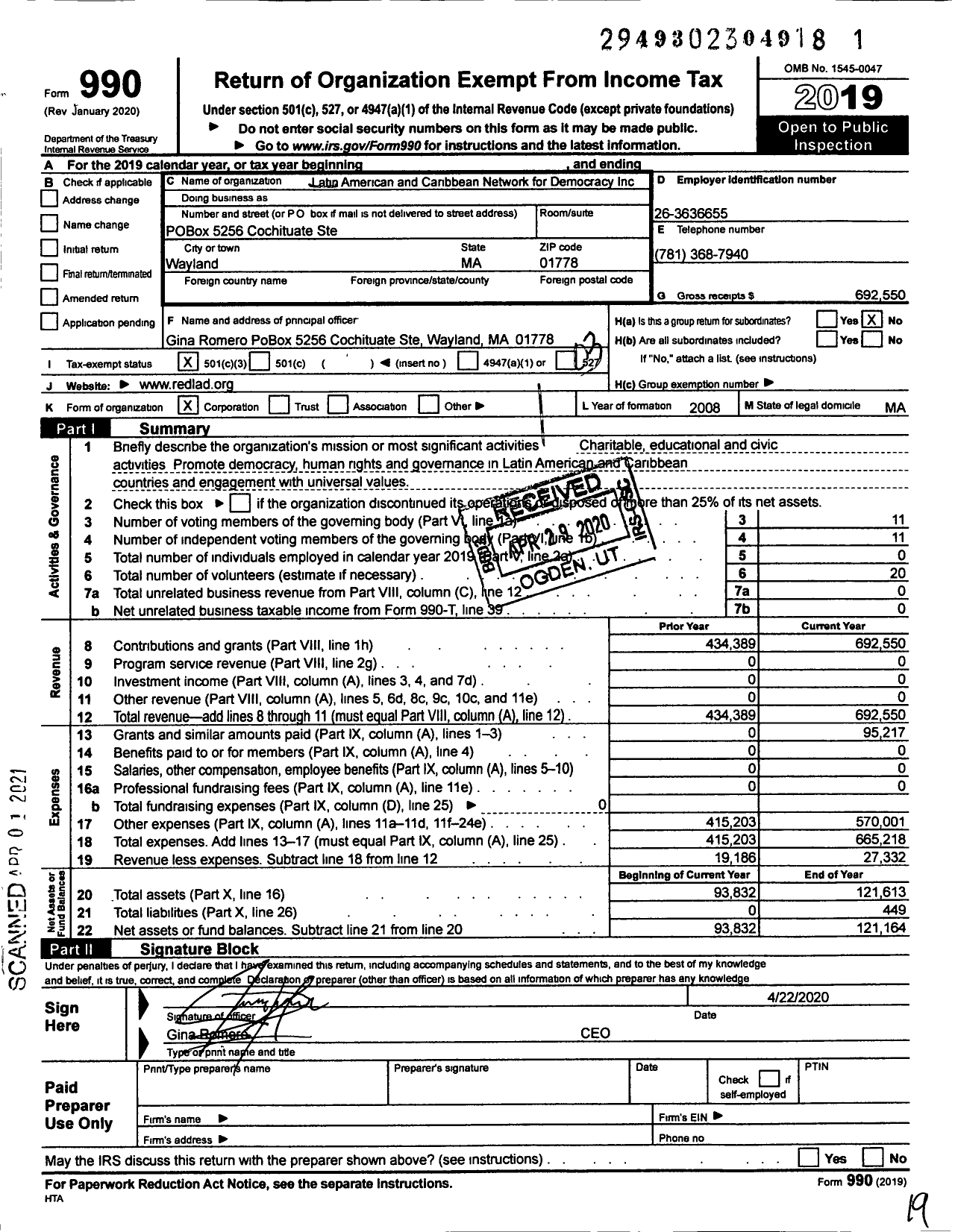 Image of first page of 2019 Form 990 for Latin American and Caribbean Network for Democracy