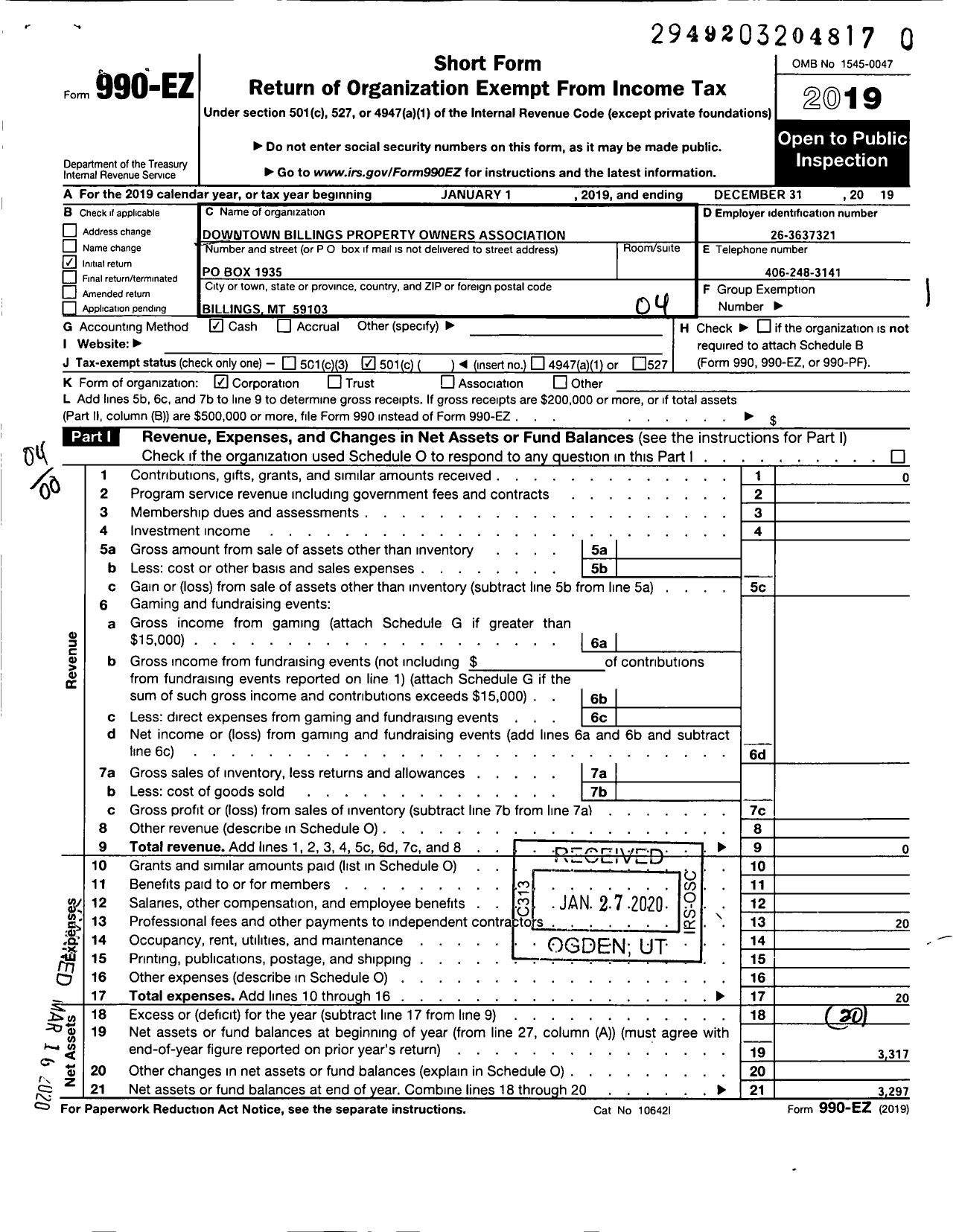 Image of first page of 2019 Form 990EO for Downtown Billings Property Owners Association