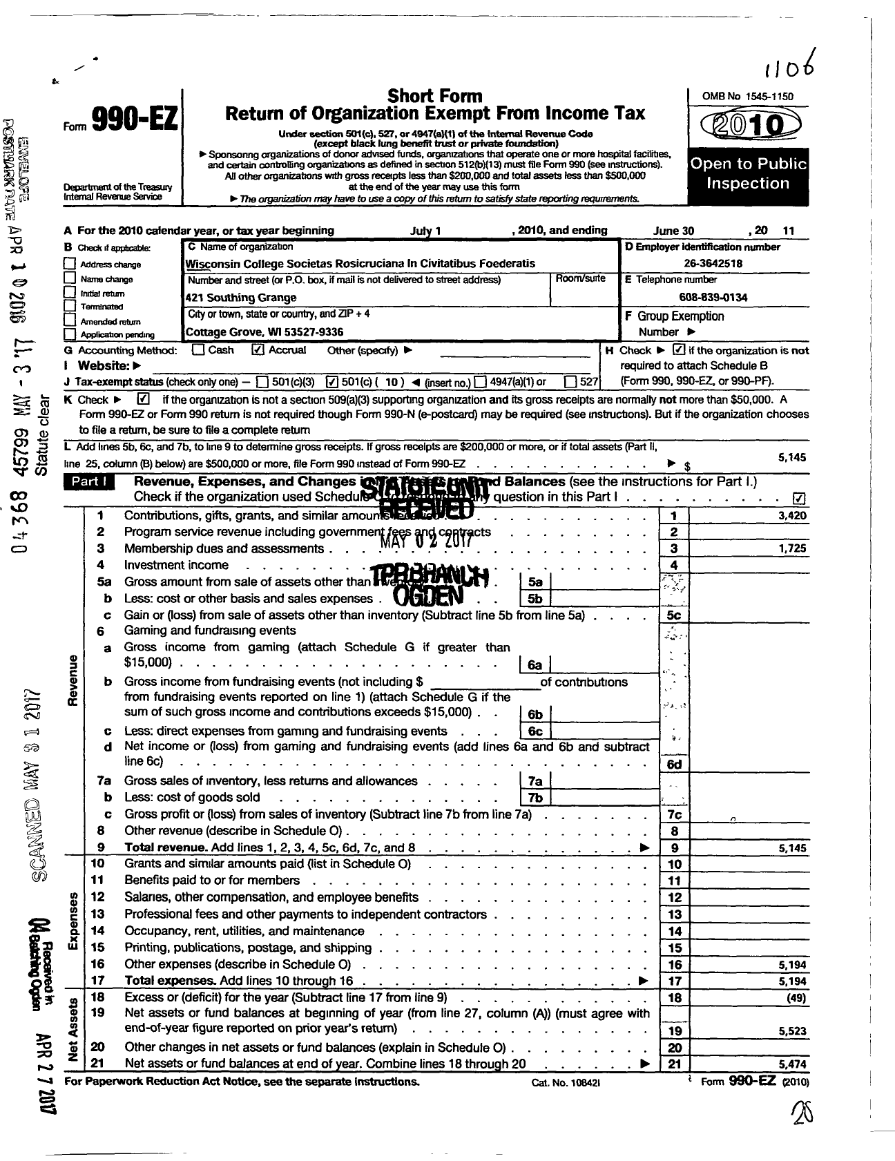 Image of first page of 2010 Form 990EO for Wisconsin College Societas Rosicruciana in Civitatibus Foederatis