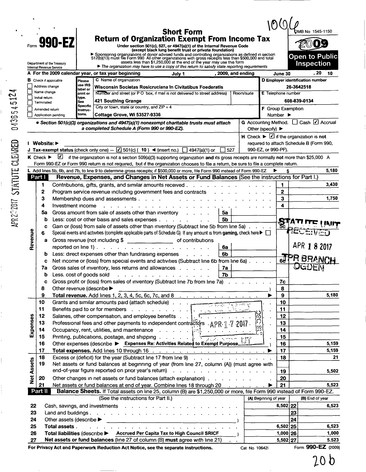 Image of first page of 2009 Form 990EO for Wisconsin College Societas Rosicruciana in Civitatibus Foederatis