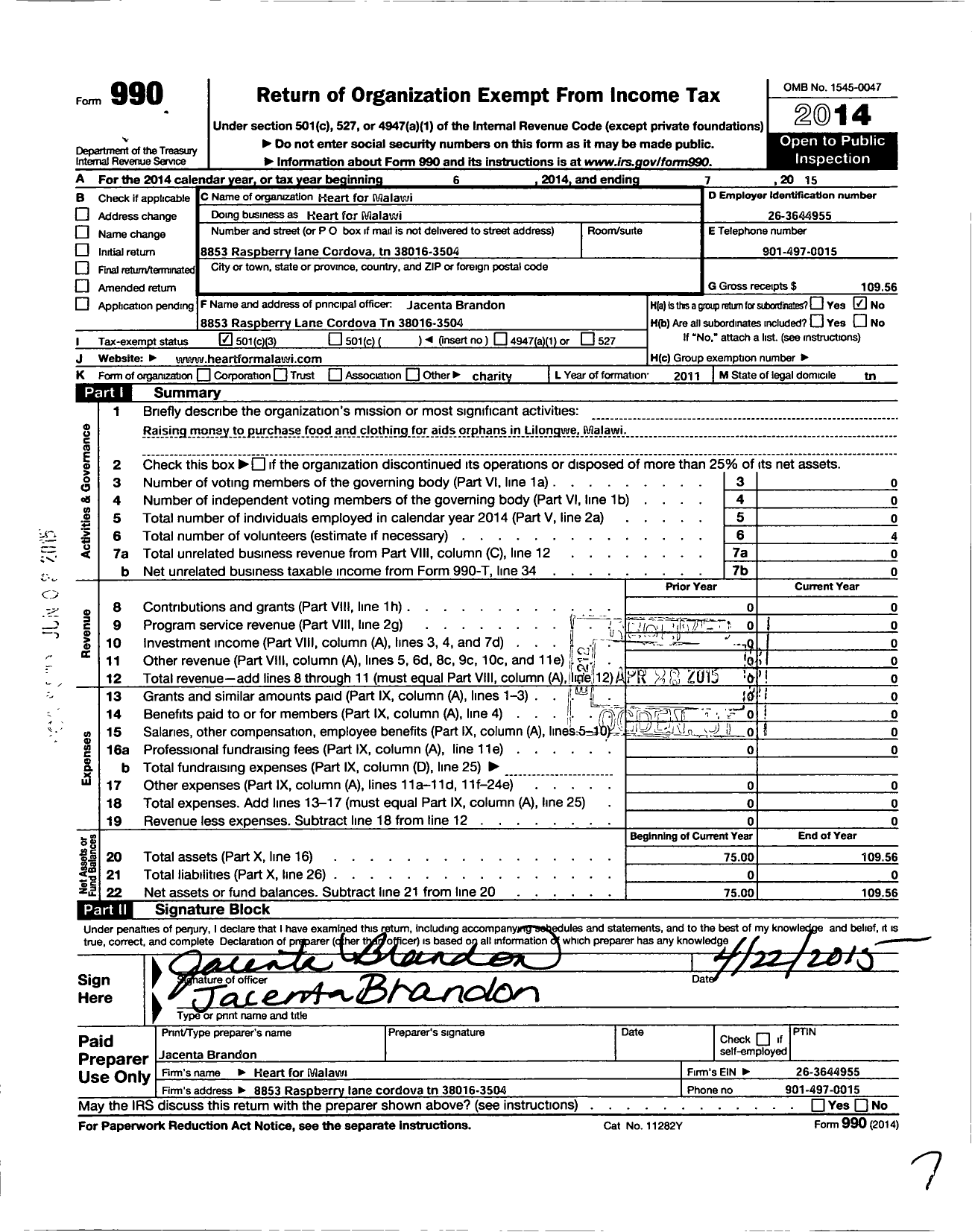 Image of first page of 2014 Form 990 for Heart for Malawi