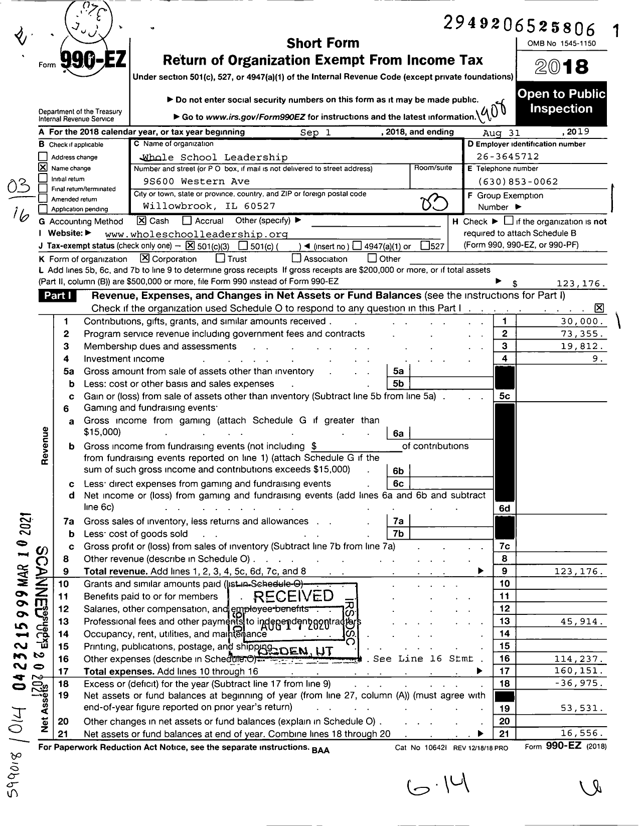 Image of first page of 2018 Form 990EZ for Whole School Leadership