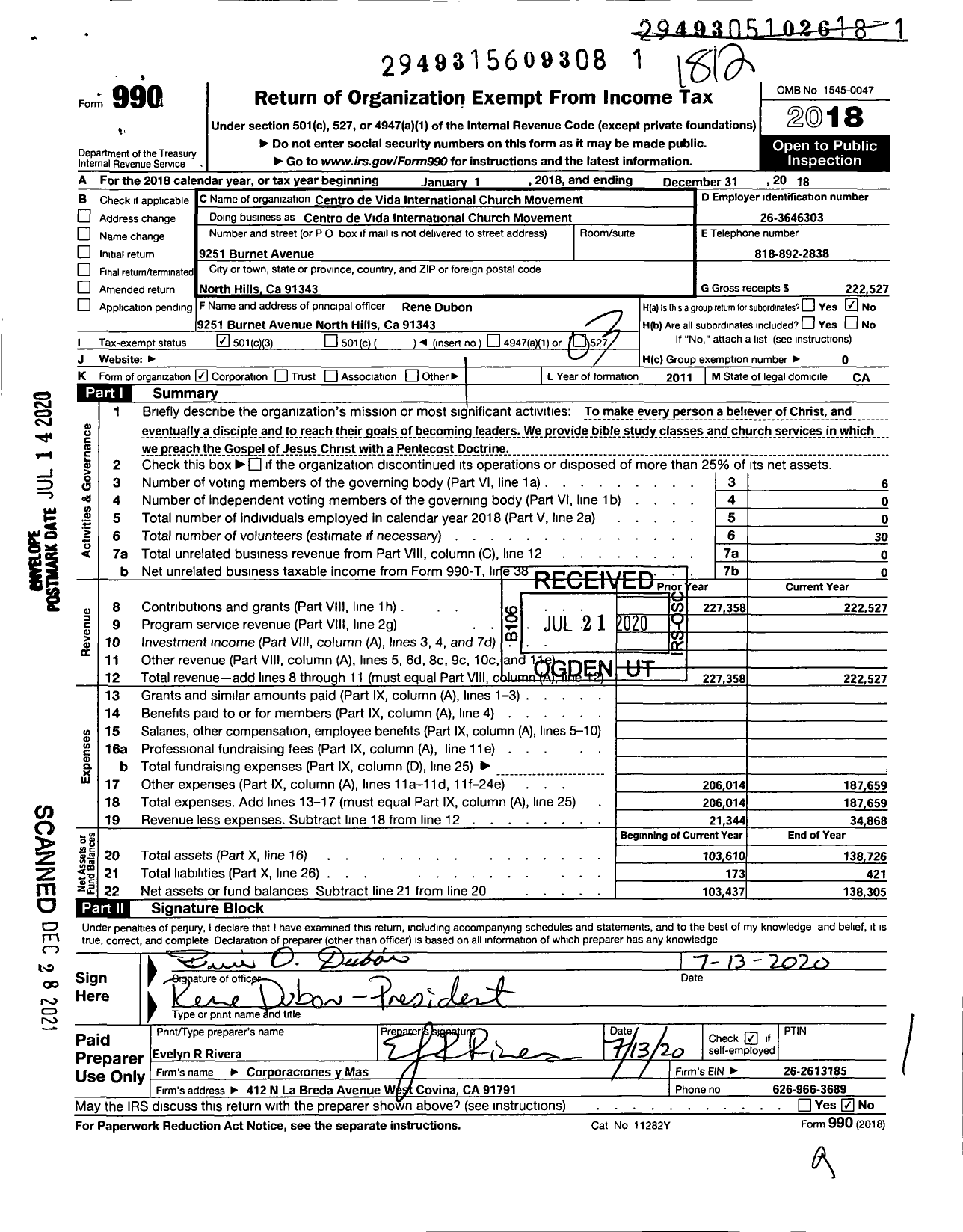 Image of first page of 2018 Form 990 for Centro de Vida International Church Movement