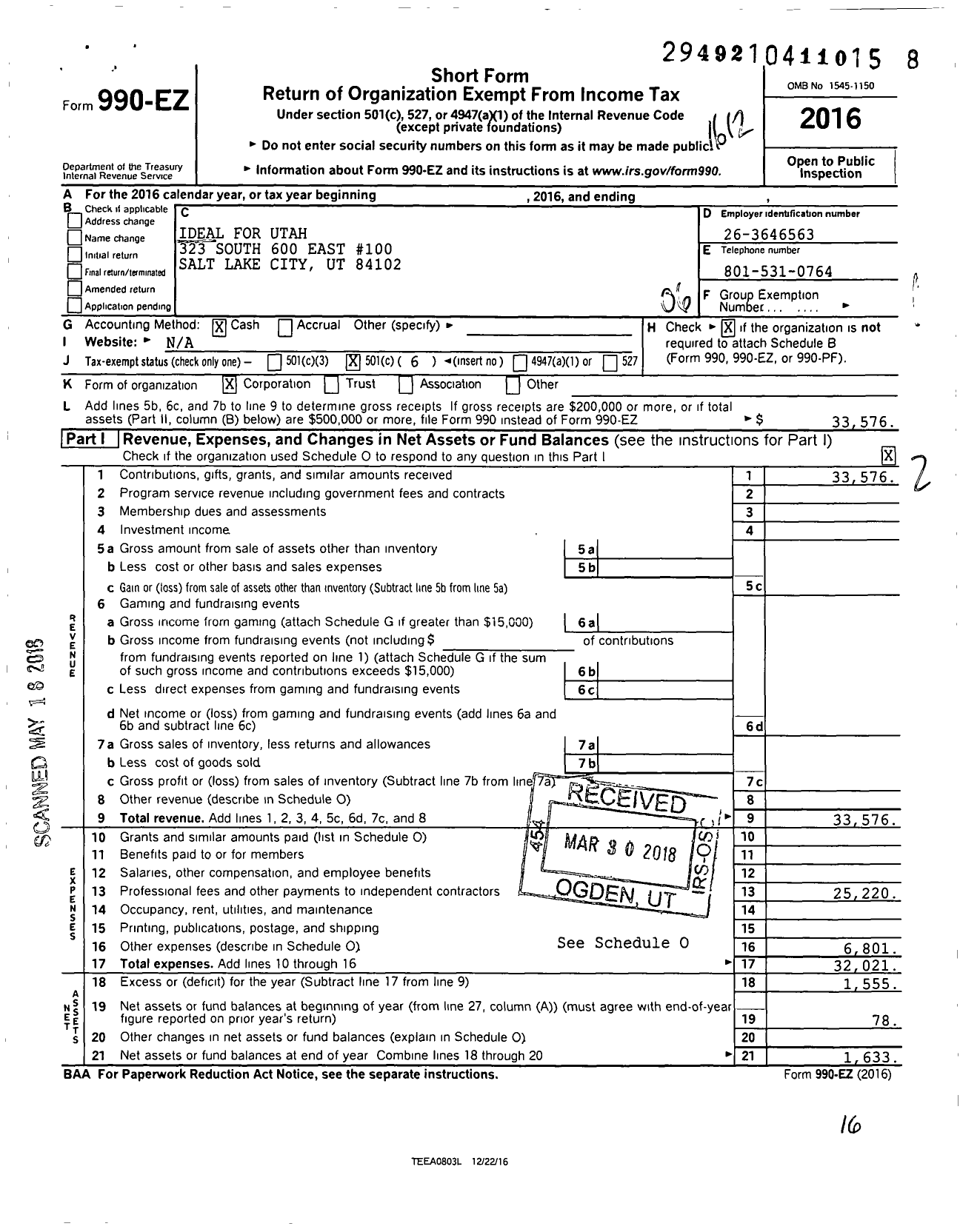 Image of first page of 2016 Form 990EO for Ideal for Utah