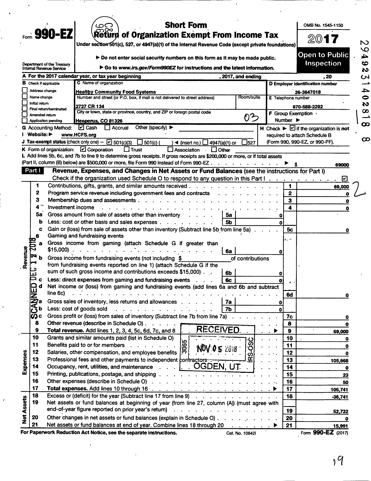 Image of first page of 2017 Form 990EZ for Healthy Community Food Systems