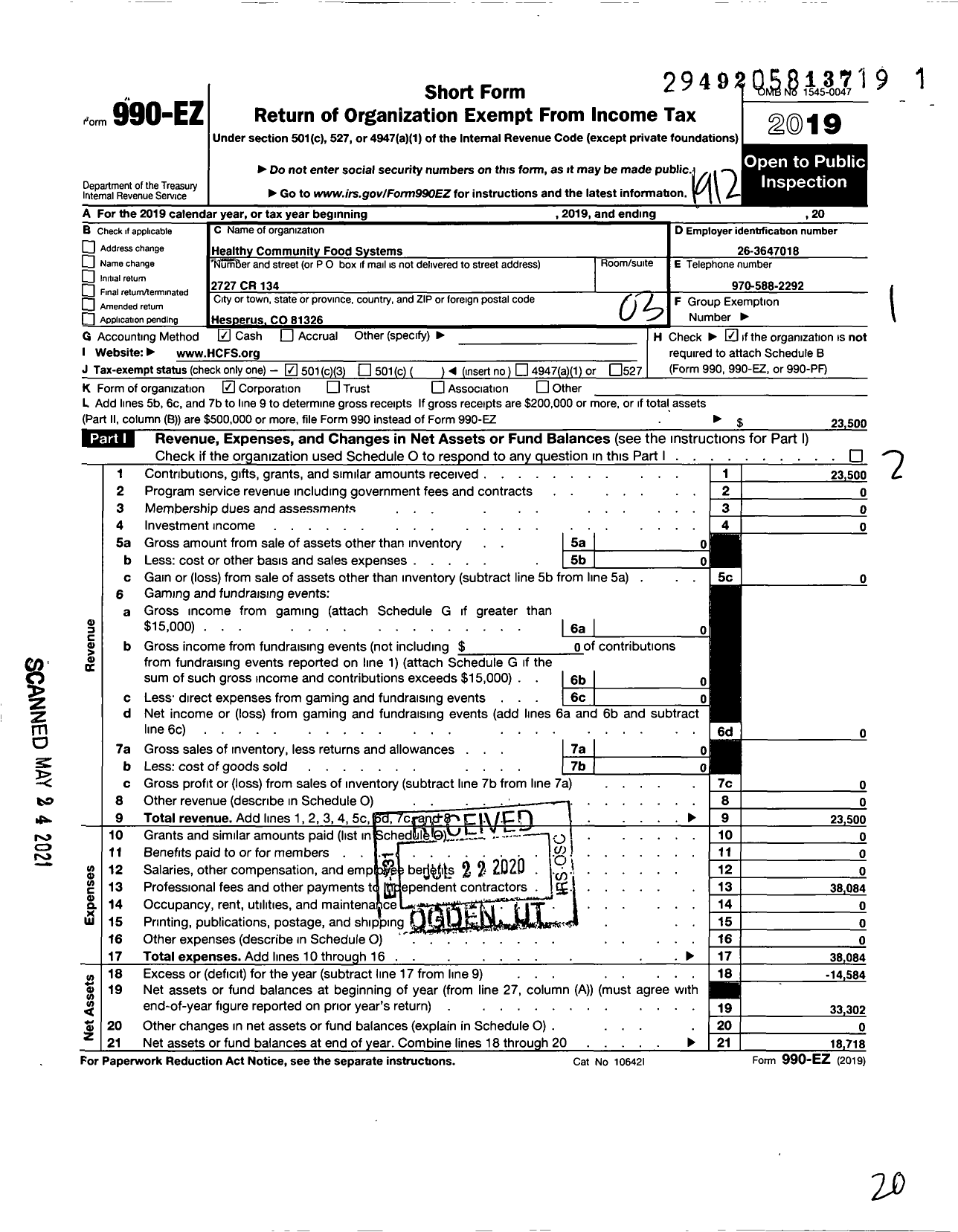 Image of first page of 2019 Form 990EZ for Healthy Community Food Systems