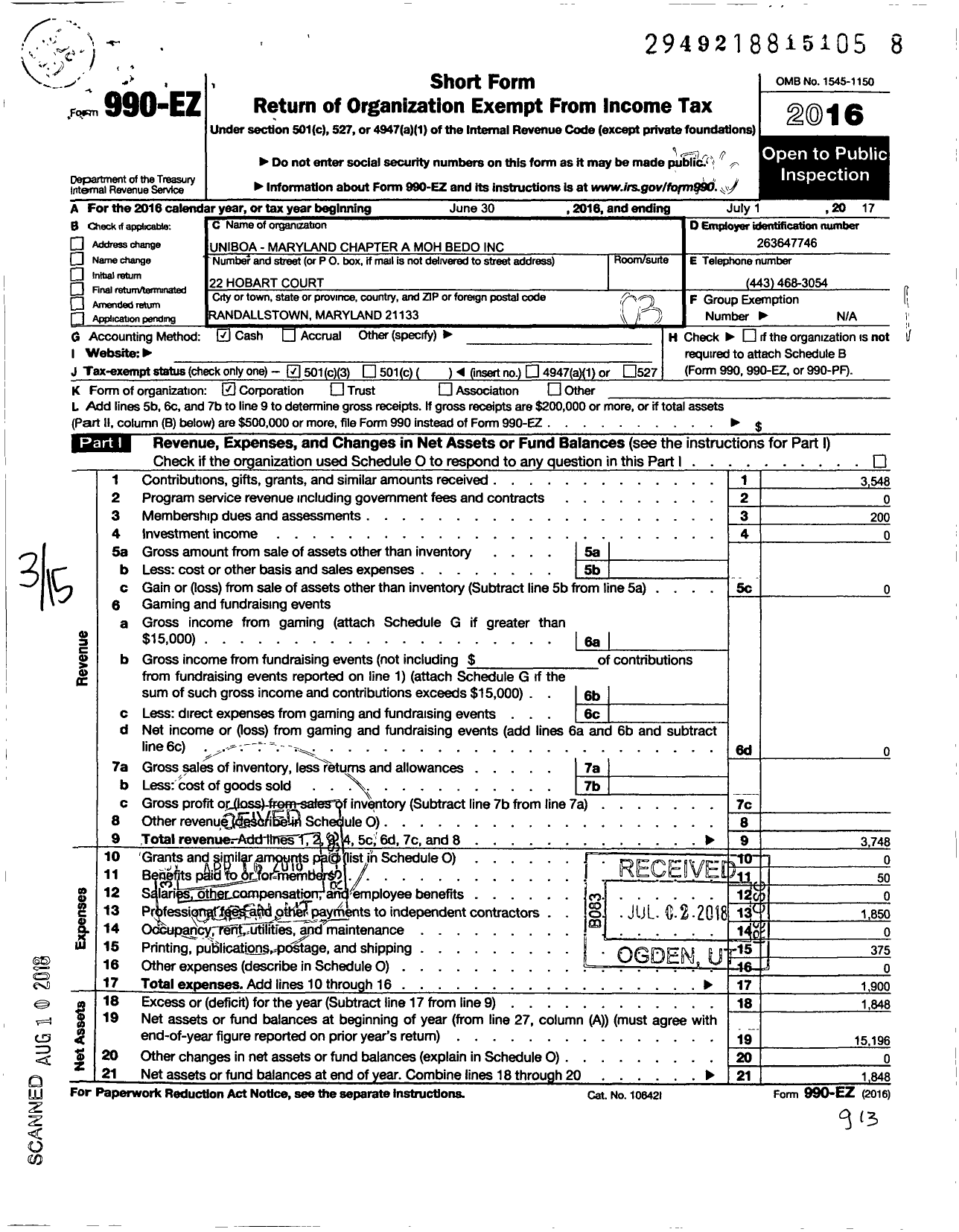 Image of first page of 2016 Form 990EZ for Uniboa Maryland Chapter A Moh Bedo