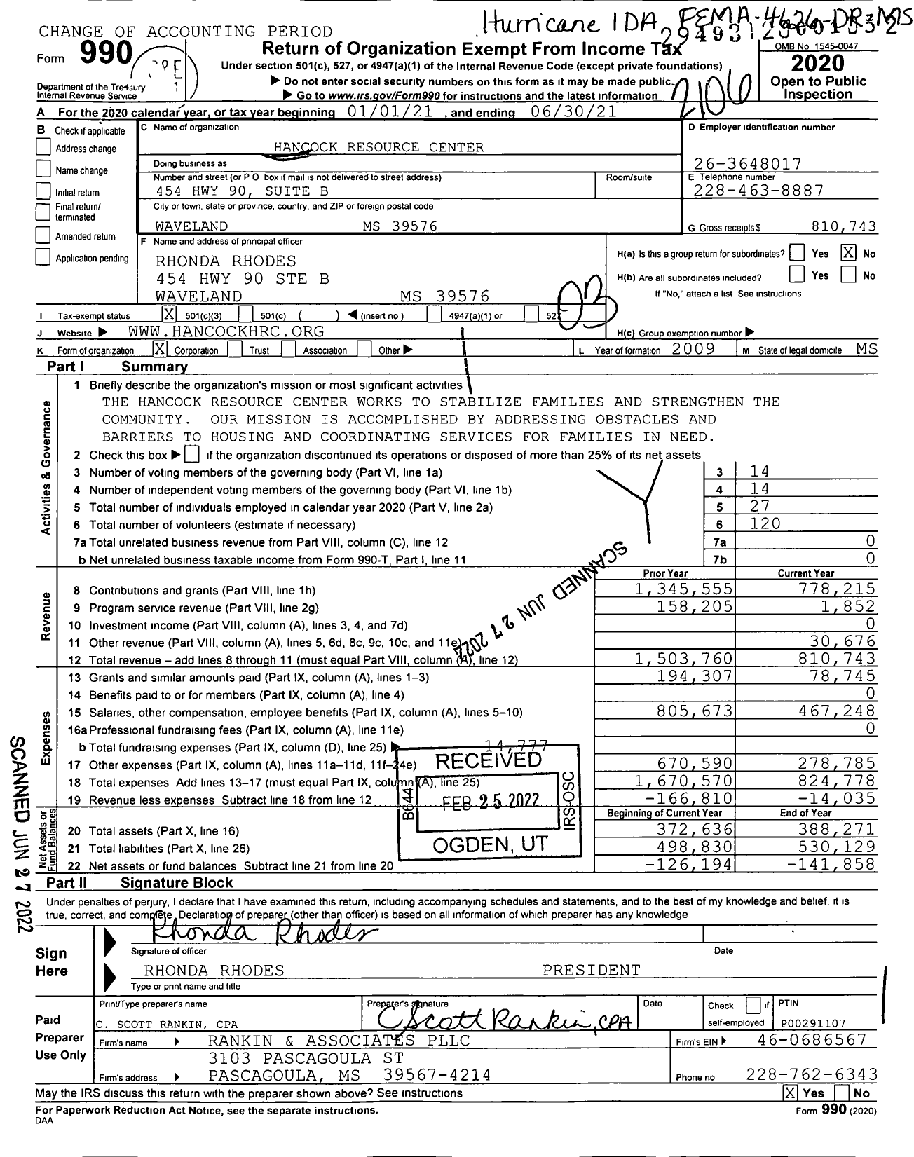 Image of first page of 2020 Form 990 for Hancock Resource Center