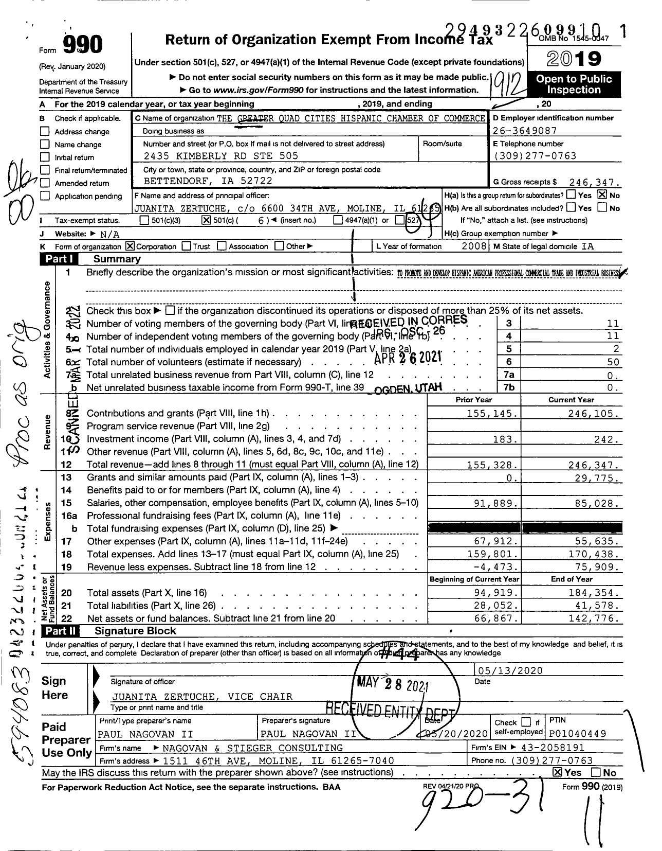 Image of first page of 2019 Form 990O for The Greater Quad Cities Hispanic Chamber of Commerce