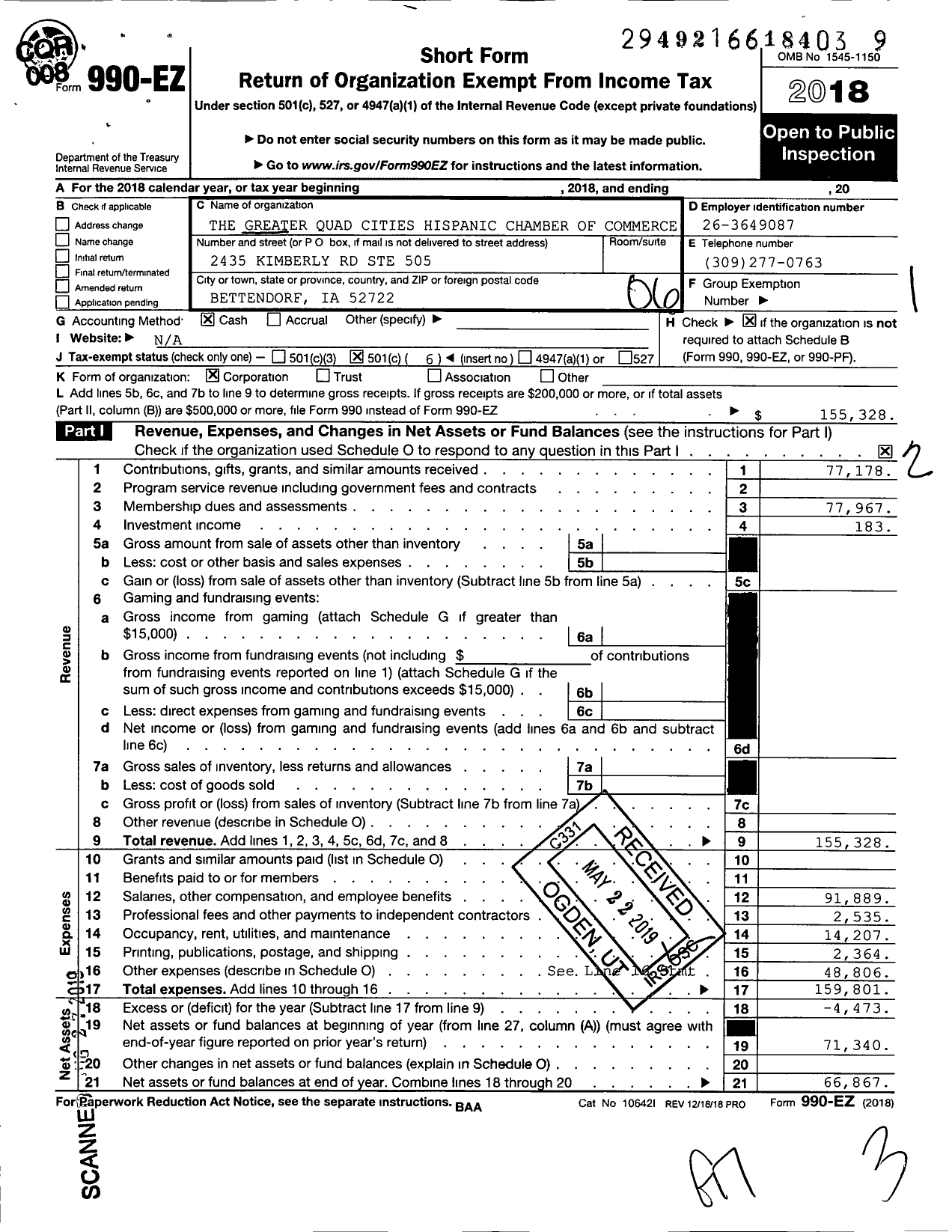 Image of first page of 2018 Form 990EO for The Greater Quad Cities Hispanic Chamber of Commerce