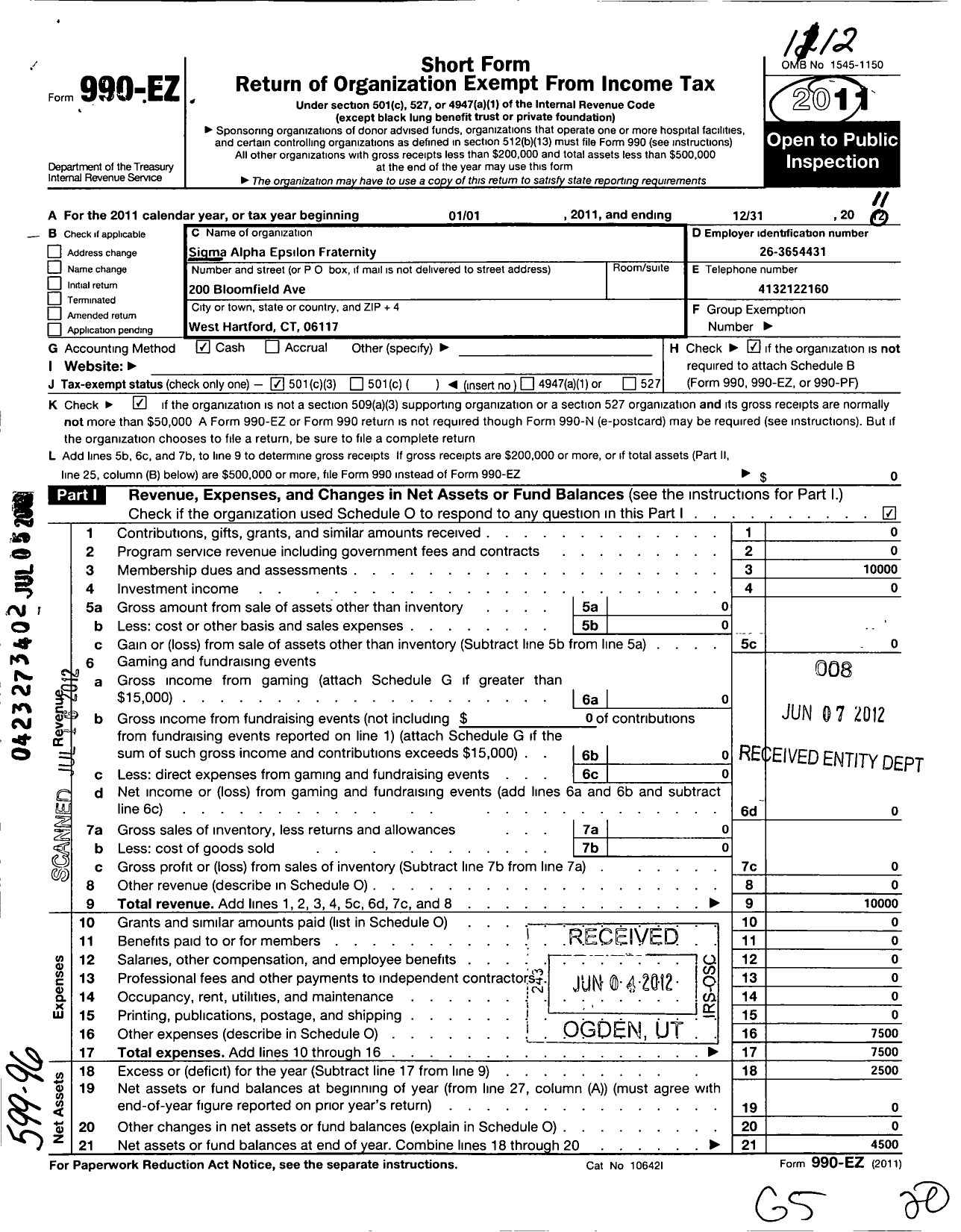 Image of first page of 2011 Form 990EZ for Sigma Alpha Epsilon Fraternity - Connecticut Lambda