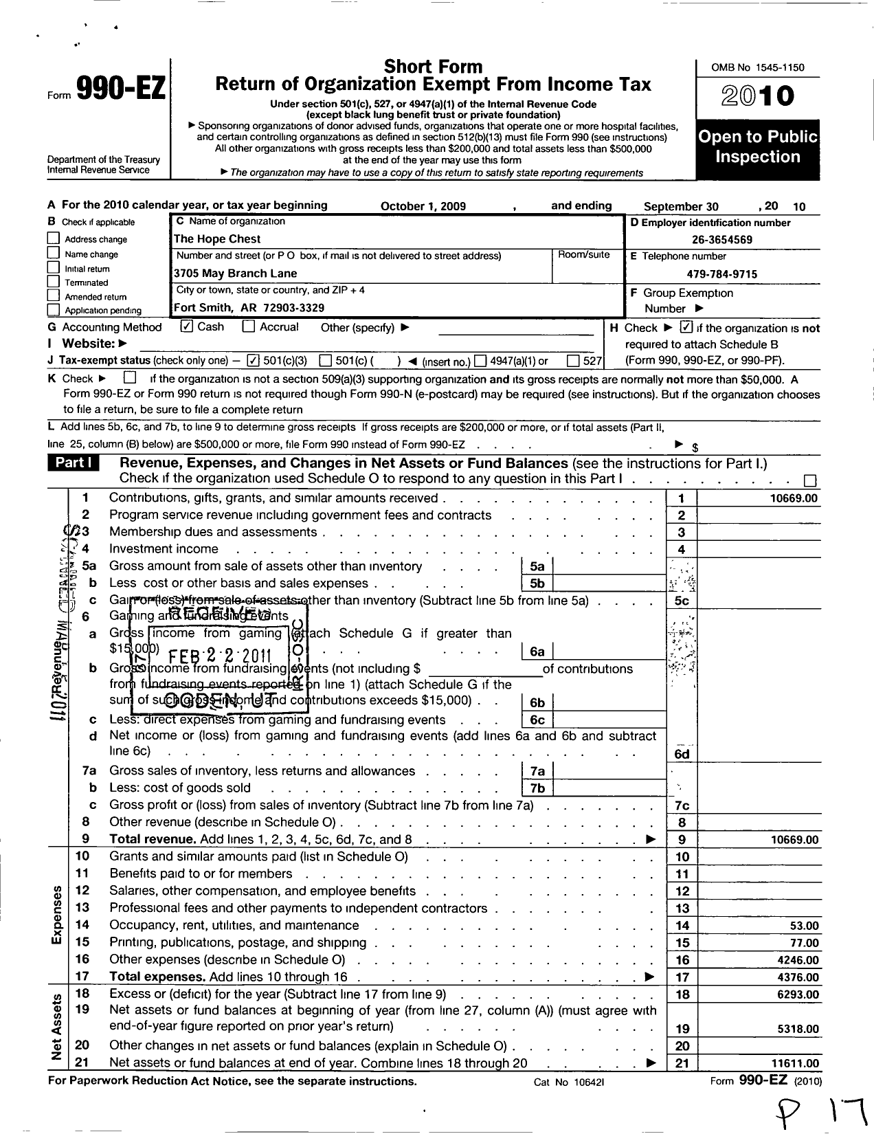 Image of first page of 2009 Form 990EZ for Hope Chest